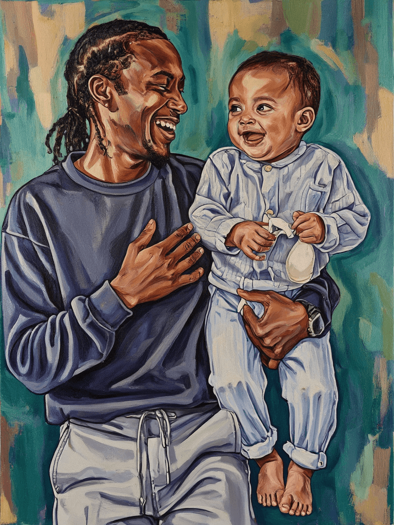 Create a warm, intimate painting on canvas capturing the joyful bond between an African American man and a light-skinned baby, set against a sage green textured wall. The man, dressed in a dark gray sweatshirt and light gray sweatpants, showcases his playful energy through a broad, laughing expression and cornrow braids. He cradles the baby, a mixed-race infant in a light gray ribbed onesie, who lies comfortably on their side, feet slightly raised. Use visible, textured brushstrokes to enhance the painting's warmth and intimacy, applying bold, gestural strokes to convey the soft, even lighting of the scene. The background should remain somewhat simplified yet rich with color to draw focus to the joyful moment shared between the two, celebrating the natural, candid quality of their interaction.