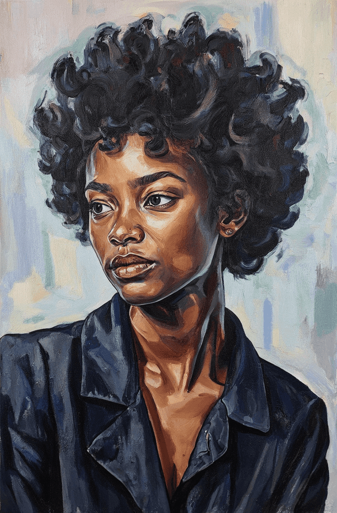Create a captivating canvas painting of a young Black woman with a natural afro hairstyle, set against a bold, gestural light gray background. Capture her confident presence in a three-quarter pose, where she gazes thoughtfully to the right. Her glowing, dewy skin should be rendered with warm tones, showcasing the softness and texture of her complexion. The black collared jacket adds depth to the composition, while the metallic rose-gold lipstick provides a striking focal point. Emphasize the well-defined afro that frames her face, allowing it to extend slightly above her shoulders. Use visible, textured brushstrokes to convey warmth and modernity, creating a sense of movement in the hair and a gentle glow on her skin. The overall color palette should harmonize the warmth of her skin and the neutrality of the background, evoking a contemporary, editorial quality.