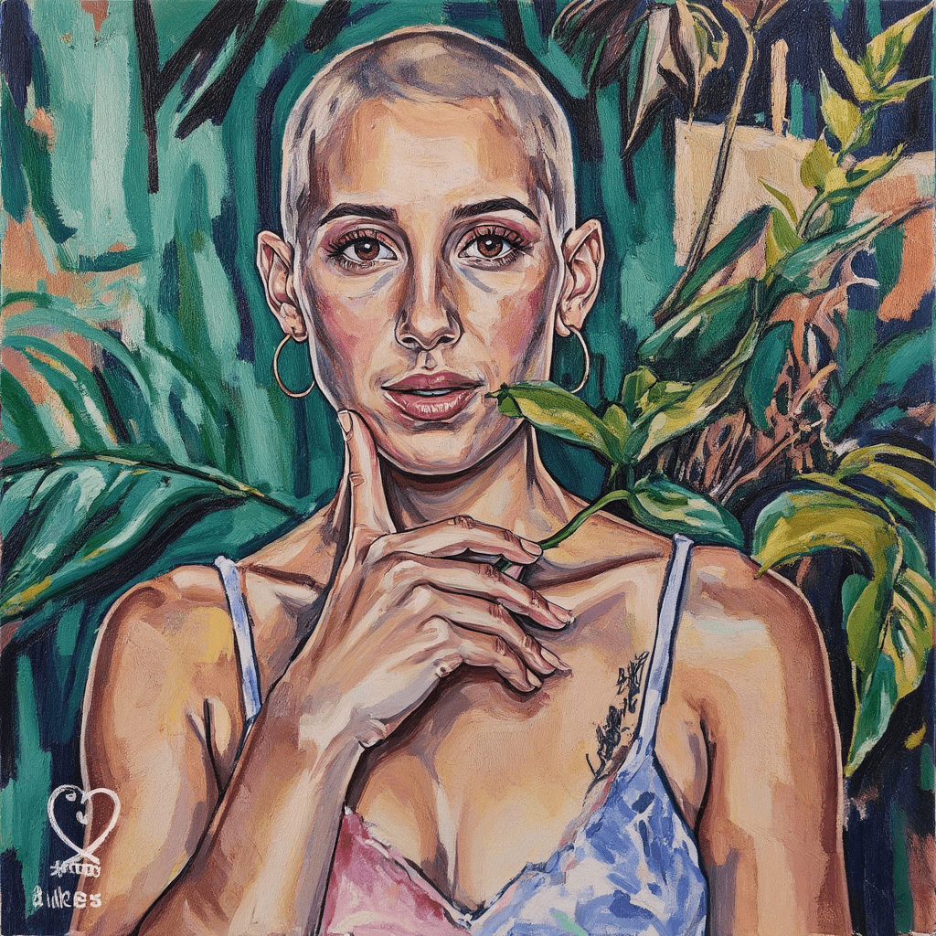 Create a vibrant painting on canvas that captures a close-up portrait of a person with a shaved head, exuding a serene confidence. The subject wears a pastel pink and white striped tank top, complemented by dramatic winged black eyeliner and soft pink-toned eyeshadow. Their gentle smile, paired with a hand thoughtfully touching their chin, invites the viewer into their world. 

In the background, employ abstract brushstrokes to suggest lush tropical greenery, using vivid greens and splashes of color to convey palm fronds and other foliage, while the overall effect is dynamic and lively. Surround the figure with soft, textured brushstrokes to create a warm, glowing ambiance that highlights their skin tones. Incorporate a white heart icon and the text "Likes" subtly, blending it into the composition. Emphasize the modern artistic quality of the piece through visible, textured brushwork, evoking a sense of intimacy and connection.