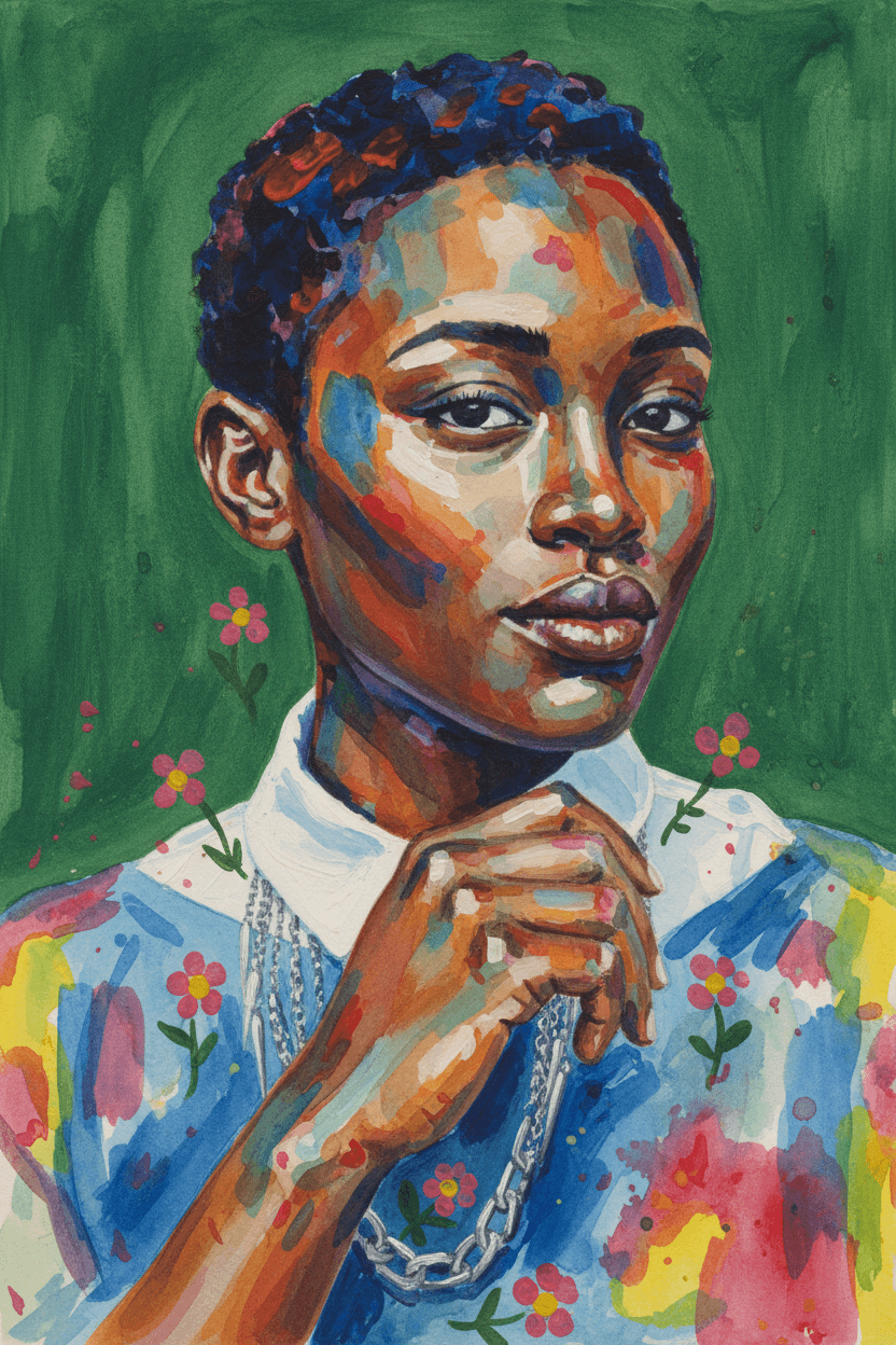 Transform ths photo into a watercolor and gouache painting, adopting the vibrant, abstract style and color palette. The subject is rendered with bold, overlapping brushstrokes and splashes in non-realistic blues, oranges, yellows, reds, pinks, and greens. Stylized small flowers and berries. The background is replaced with a solid deep green wash, showing texture and brush marks. Maintain the main subject and composition of the original image but completely change the artistic rendering to match the description. Return ONLY the image.