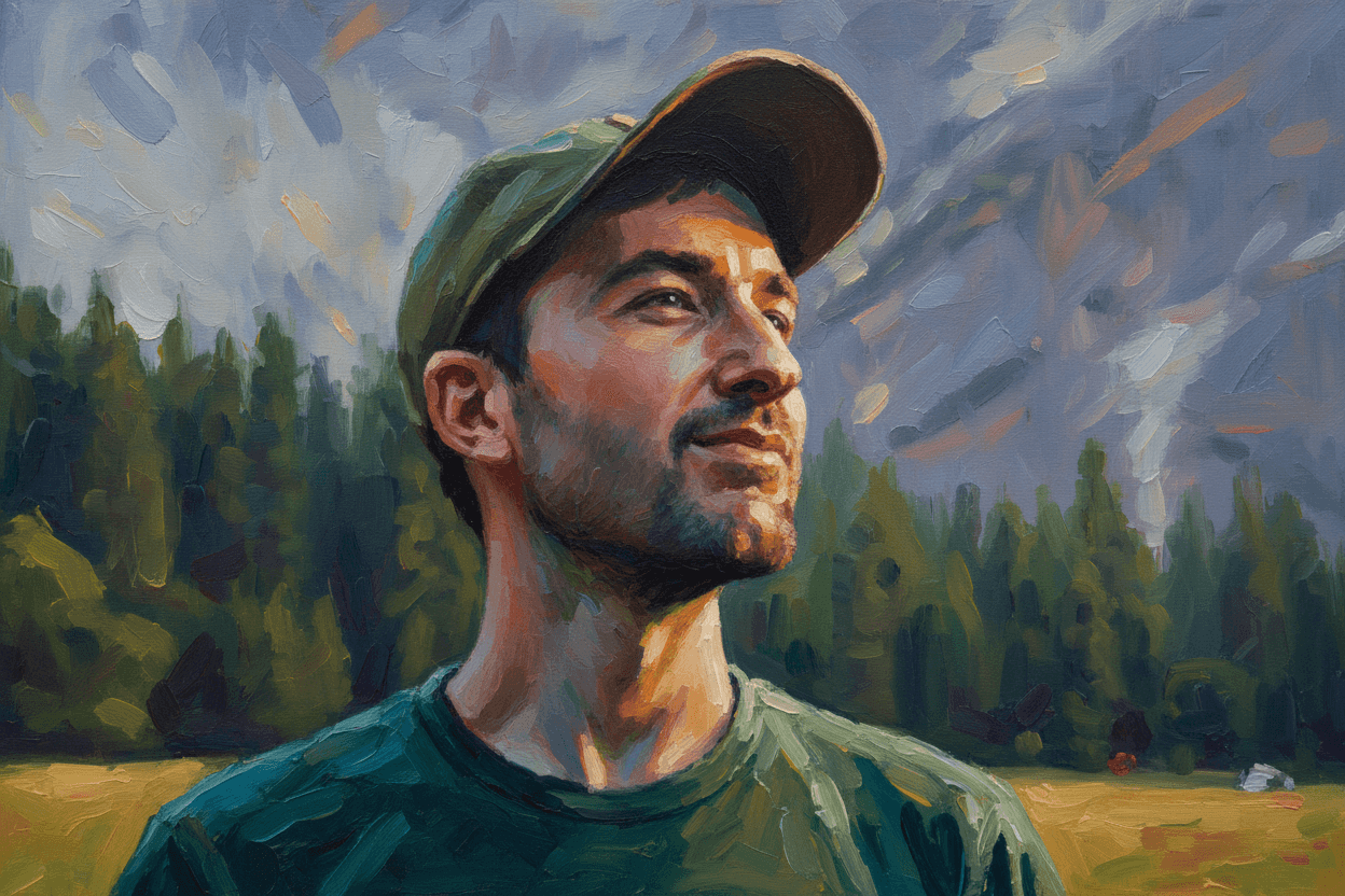 Transform the photo into a richly textured impasto oil painting with thick, sculpted brushstrokes. Build the entire portrait using bold, confident strokes of opaque paint, leaving visible ridges and directional marks to mimic traditional palette-knife and heavy-brush techniques. Use expressive, slightly surreal color variations—cool blues, teals, and violets in the shadows, contrasted with warm oranges, yellows, and soft pinks in the highlights. Capture the facial structure with layered strokes rather than blending, creating a tactile, three-dimensional painted surface. Add abstract vertical or radial background strokes in complementary colors to give depth and artistic framing. Highlight reflective areas (like helmets, metals, or fabric) with intensified color bursts and dramatic edge-lighting. The final result should look like a contemporary impasto masterwork: textured, vibrant, expressive, and full of painterly depth, with no smooth digital blending. Maintain the main subject and composition of the original image but completely change the artistic rendering to match the description. Return ONLY the image.