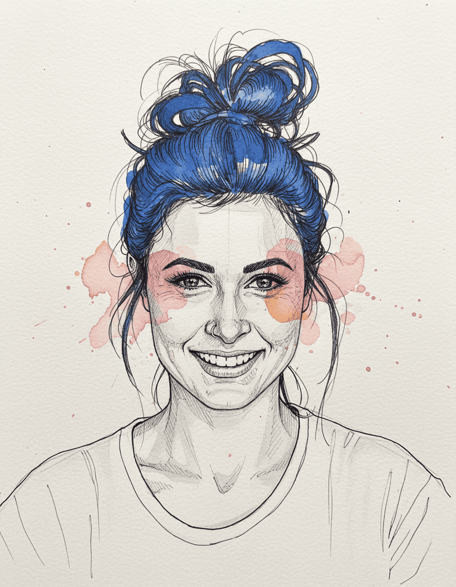 Transform this image into a chaotic, intricate pen and ink sketch with selective watercolor accents. Use cross-hatching, fine lines, and scribbles. The style should look like a hand-drawn architectural or portrait sketch on paper with black ink. Avoid shadows. Keep all skin tones, facial features, strictly black and white. Add bold, saturated watercolor only in specific areas: flat cobalt-blue ink for the hair, and loose translucent splashes of pink and orange around the eyes or other small facial areas. Let the watercolor look soft, imperfect, and organically spread, contrasting sharply with the precise graphite drawing. Use minimal sketch lines to outline the hair and features while preserving the hand-drawn look. 