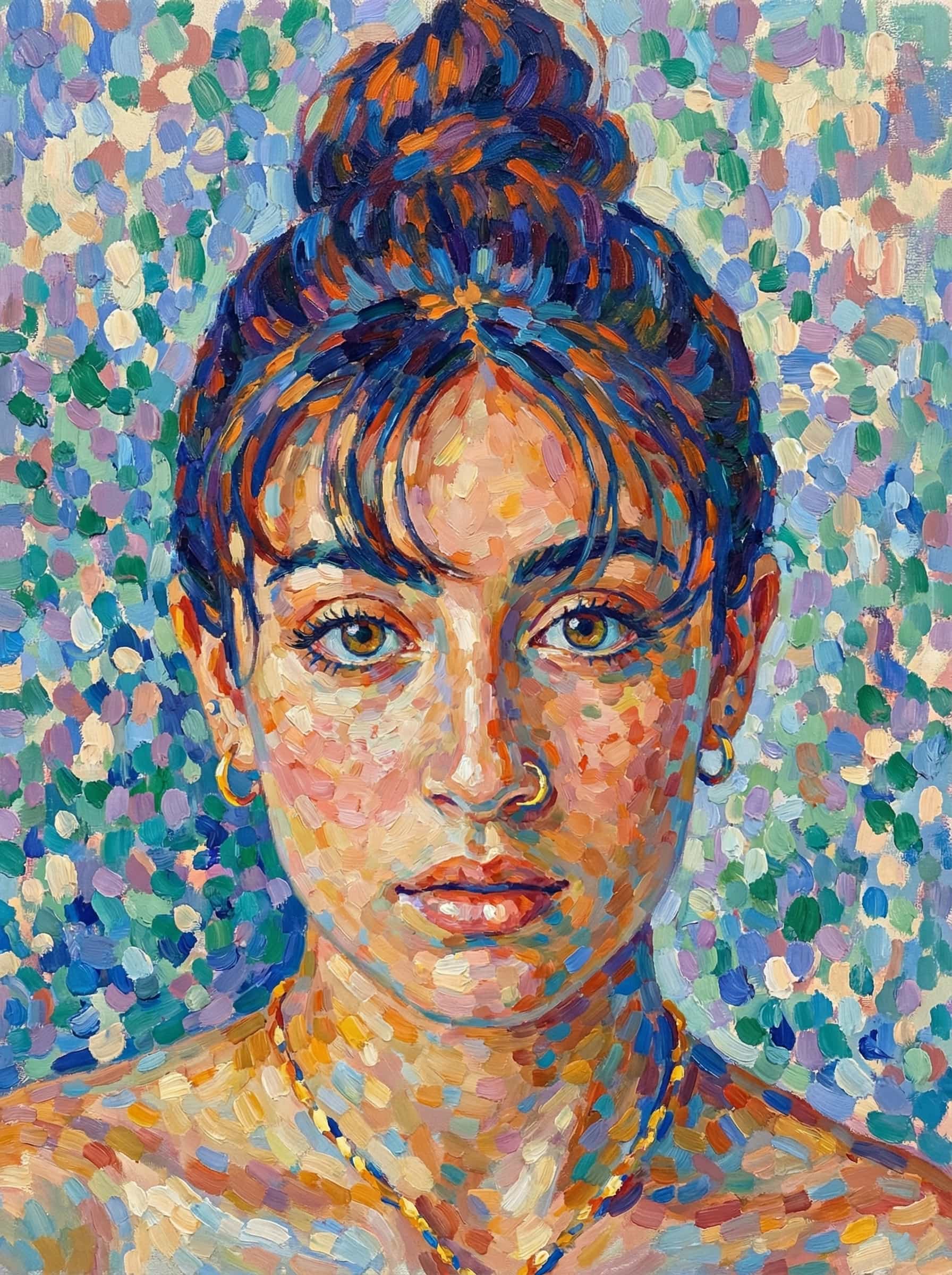 Image in the art style: pointillism.