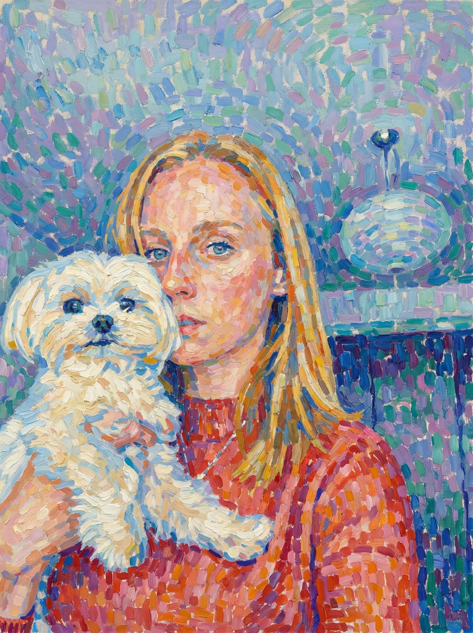 Image in the art style: pointillism.