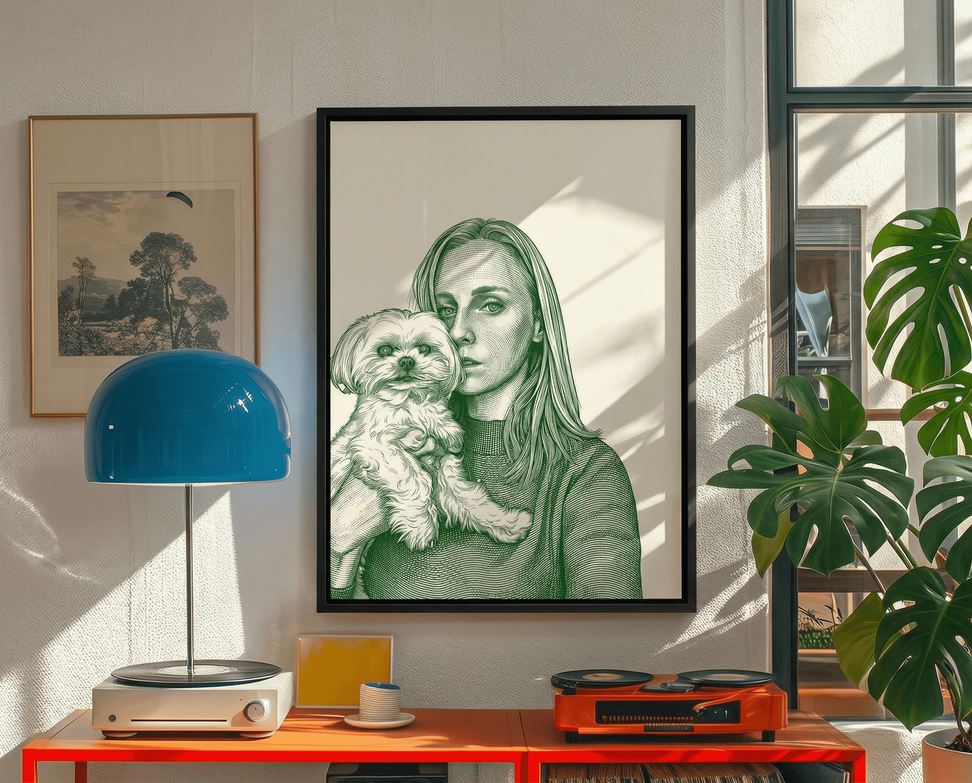 Oprawiony obraz wygenerowany przez AI w nowoczesnym salonie