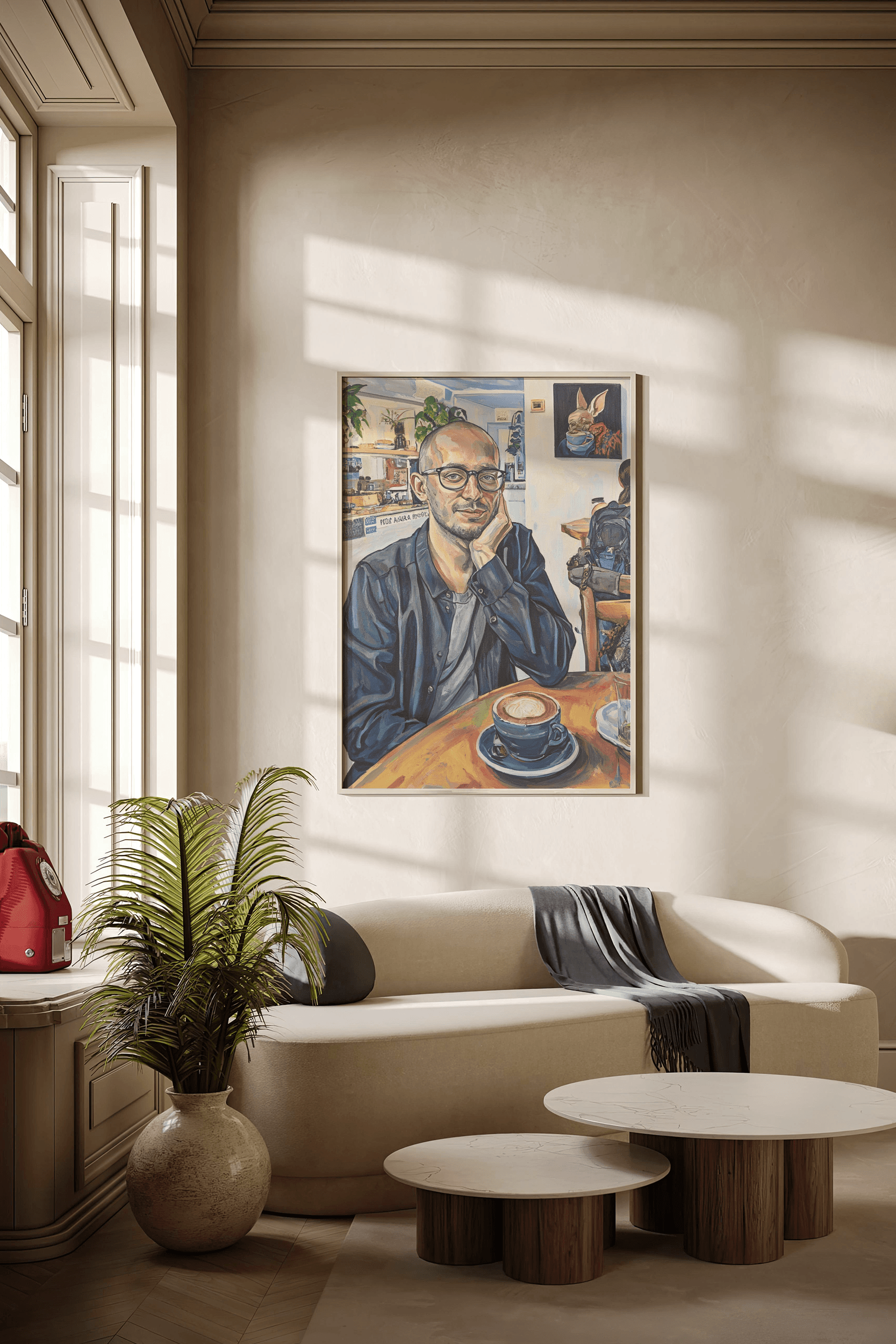 Create a vibrant painting on canvas depicting a casual indoor café scene. Capture a person sitting at a rustic wooden table, clad in a black long-sleeved shirt and black-rimmed glasses, featuring a shaved head and a beard. Use textured brushstrokes to highlight the warmth of the ambiance, emphasizing soft shadows and the rich brown hue of the table with its visible wood grain. In the background, incorporate a retail display case filled with assorted items, adorned with lush green plants peeking through. Bold, gestural strokes should outline the sign reading "PEDIR AHORA ORDER HERE," allowing it to stand out. The low-angle perspective should create depth, inviting the viewer into this cozy space. A black backpack rests next to the individual, adding to the casual atmosphere. Use warm colors and dynamic brushwork to evoke the inviting and lively essence of the café.