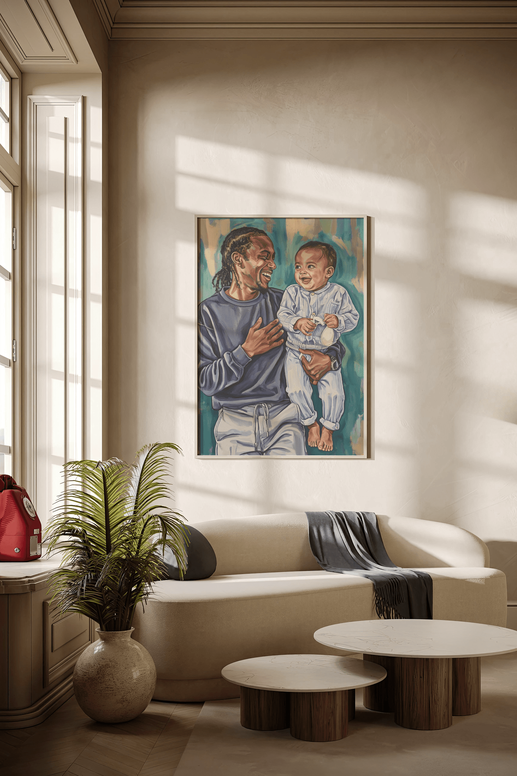 Create a warm, intimate painting on canvas capturing the joyful bond between an African American man and a light-skinned baby, set against a sage green textured wall. The man, dressed in a dark gray sweatshirt and light gray sweatpants, showcases his playful energy through a broad, laughing expression and cornrow braids. He cradles the baby, a mixed-race infant in a light gray ribbed onesie, who lies comfortably on their side, feet slightly raised. Use visible, textured brushstrokes to enhance the painting's warmth and intimacy, applying bold, gestural strokes to convey the soft, even lighting of the scene. The background should remain somewhat simplified yet rich with color to draw focus to the joyful moment shared between the two, celebrating the natural, candid quality of their interaction.
