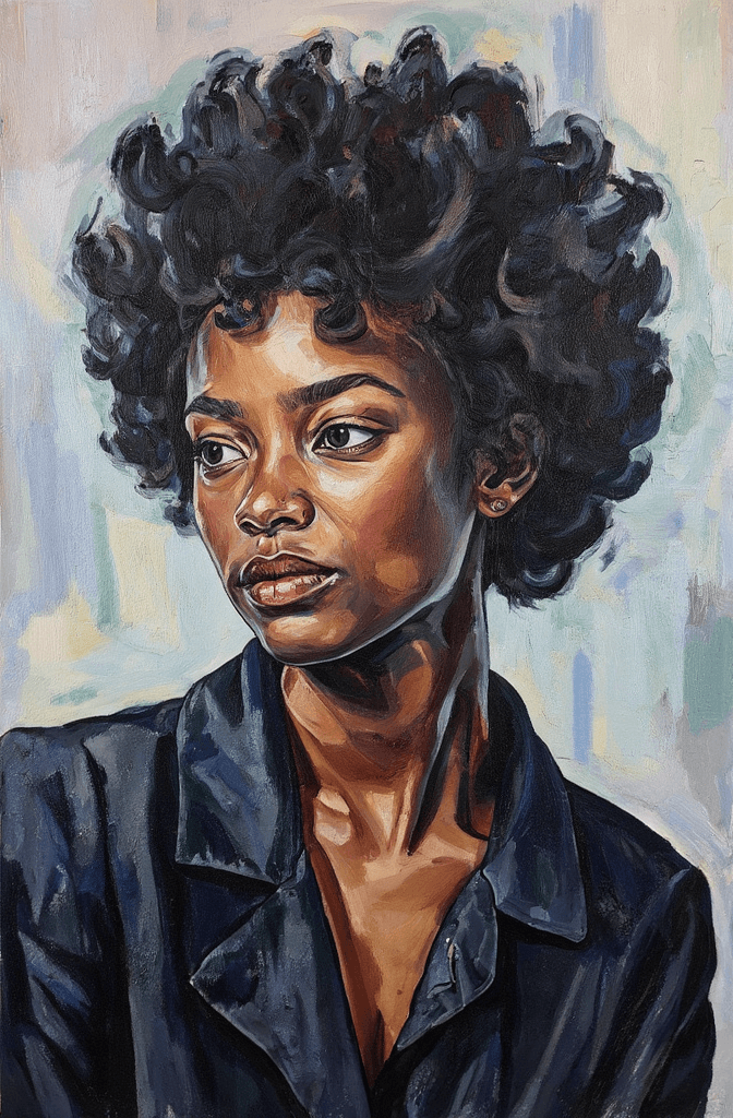 Create a captivating canvas painting of a young Black woman with a natural afro hairstyle, set against a bold, gestural light gray background. Capture her confident presence in a three-quarter pose, where she gazes thoughtfully to the right. Her glowing, dewy skin should be rendered with warm tones, showcasing the softness and texture of her complexion. The black collared jacket adds depth to the composition, while the metallic rose-gold lipstick provides a striking focal point. Emphasize the well-defined afro that frames her face, allowing it to extend slightly above her shoulders. Use visible, textured brushstrokes to convey warmth and modernity, creating a sense of movement in the hair and a gentle glow on her skin. The overall color palette should harmonize the warmth of her skin and the neutrality of the background, evoking a contemporary, editorial quality.
