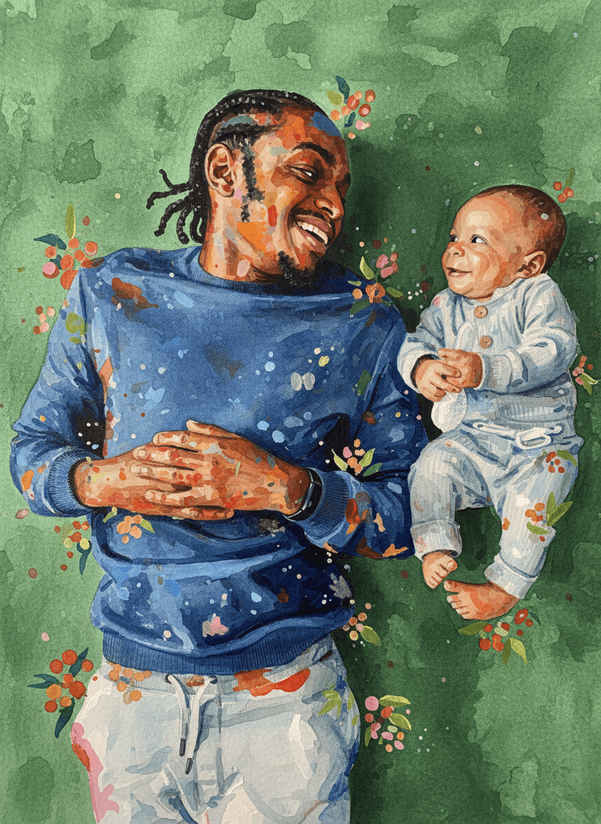 Transform ths photo into a watercolor and gouache painting, adopting the vibrant, abstract style and color palette. The subject is rendered with bold, overlapping brushstrokes and splashes in non-realistic blues, oranges, yellows, reds, pinks, and greens. Stylized small flowers and berries. The background is replaced with a solid deep green wash, showing texture and brush marks. Maintain the main subject and composition of the original image but completely change the artistic rendering to match the description. Return ONLY the image.