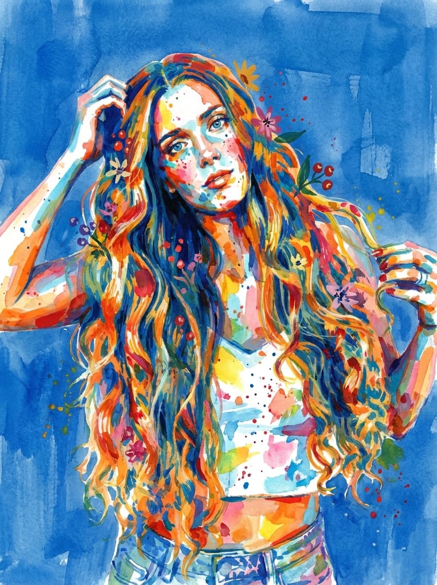 Transform this image into watercolor and gouache painting, adopting the vibrant, abstract style and color palette. The subject is rendered with bold, overlapping brushstrokes and splashes in non-realistic blues, oranges, yellows, reds, pinks, and greens. 
        Stylized small flowers and berries. The background is replaced with a color: #0962cc wash, showing texture and brush marks, partly transparent. Transform the provided image according to the style description. Return ONLY the image.