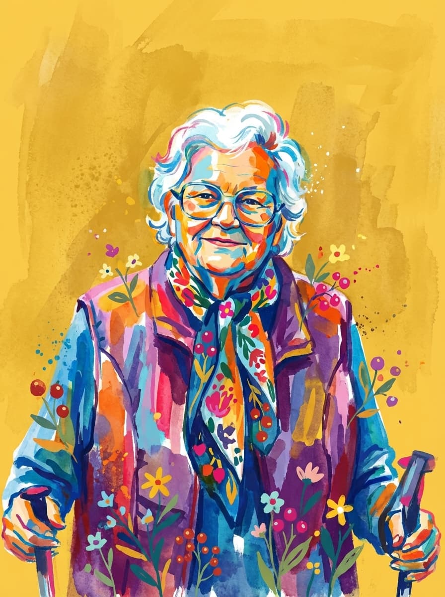 Transform this image into watercolor and gouache painting, adopting the vibrant, abstract style and color palette. The subject is rendered with bold, overlapping brushstrokes and splashes in non-realistic blues, oranges, yellows, reds, pinks, and greens. 
        Stylized small flowers and berries. The background is replaced with a color: #fdca40 wash, showing texture and brush marks, partly transparent. Transform the provided image according to the style description. Return ONLY the image.