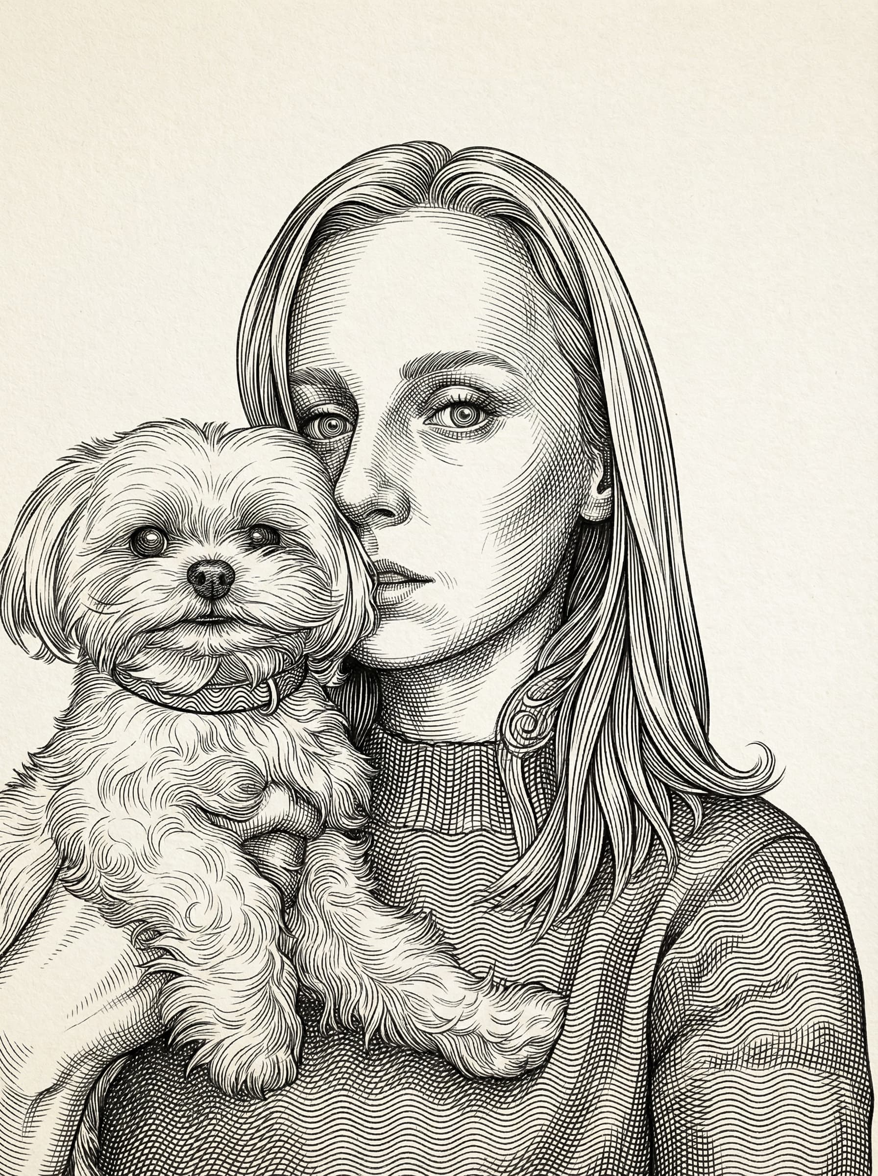 Transform this image into Transform this photo into a classical engraving style characterized by dense, meticulously arranged linework, curved hatching, and sculptural shading reminiscent of vintage banknote engravings and old-world printmaking. Render the entire portrait using fine parallel lines, cross-contours, and guilloché-inspired wave patterns that create depth, volume, and intricate texture.
            Use just black ink on a light background to emphasize the craftsmanship of the etched lines. 
            Facial features should be formed entirely through engraved strokes, with line density increasing in shadowed regions and thinning in highlights. 
            Curved lines should follow anatomical contours—around the eyes, nose, lips, and cheeks—to sculpt the form with mathematical precision.
            In areas like hair and ornamental details, use flowing, rhythmic line clusters and curls similar to classical copperplate engravings. 
            Eyes should be emphasized with concentric circular line patterns, creating the intense, hypnotic gaze typical of historical engraving styles.
            The overall artwork should feel like a high-security banknote portrait or an old master etching—crisp, highly detailed, monochromatic, and elegantly engineered through pure line.
            Remove the background and keep just the subject. Transform the provided image according to the style description. Return ONLY the image.