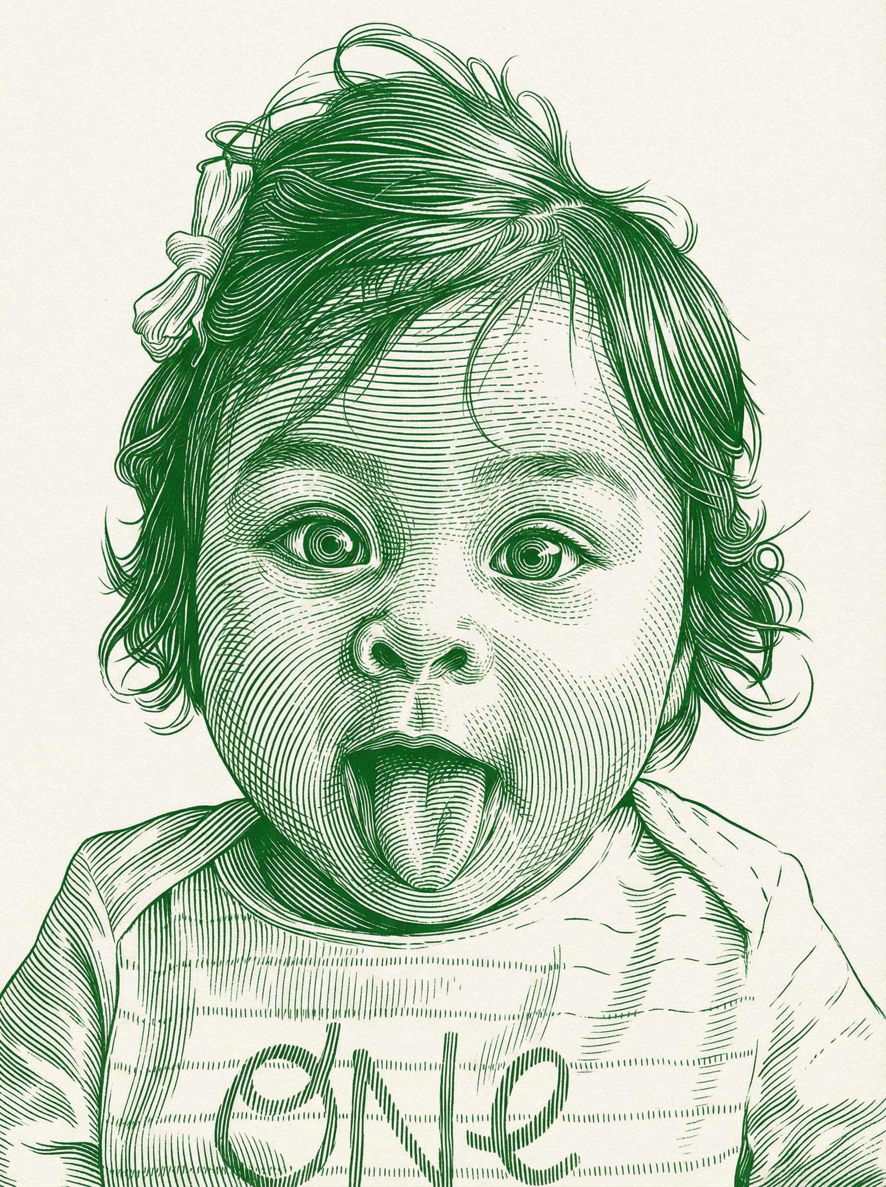 Transform this image into Transform this photo into a classical engraving style characterized by dense, meticulously arranged linework, curved hatching, and sculptural shading reminiscent of vintage banknote engravings and old-world printmaking. Render the entire portrait using fine parallel lines, cross-contours, 
        and guilloché-inspired wave patterns that create depth, volume, and intricate texture.
            Use just #007D06 ink on a light background to emphasize the craftsmanship of the etched lines. 
            Facial features should be formed entirely through engraved strokes, with line density increasing in shadowed regions and thinning in highlights. 
            Curved lines should follow anatomical contours—around the eyes, nose, lips, and cheeks—to sculpt the form with mathematical precision.
            In areas like hair and ornamental details, use flowing, rhythmic line clusters and curls similar to classical copperplate engravings. 
            Eyes should be emphasized with concentric circular line patterns, creating the intense, hypnotic gaze typical of historical engraving styles.
            The overall artwork should feel like a high-security banknote portrait or an old master etching—crisp, highly detailed, monochromatic, and elegantly engineered through pure line.
            Remove the background and keep just the subject. Transform the provided image according to the style description. Return ONLY the image.