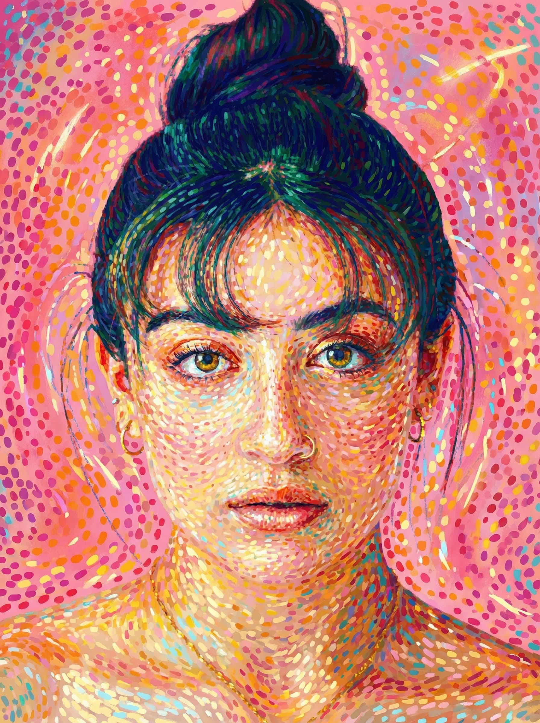 Transform this image into an artwork inspired by early Henri Matisse, blending vibrant, expressive Fauvist colors with Pointillist-like dashes and Divisionist texture. Render the scene with dots that emphasize emotion and fantasy over realism. 
        Use shimmering, pointillist strokes and scattered color dashes to create a dreamlike, luxurious atmosphere inspired by Baudelaire’s themes of leisure, calm, and sensual pleasure. Prioritize imaginative color harmonies, sensual warmth, and a lightly abstract, luminous quality that anticipates
         Fauvism while maintaining a Divisionist surface. Transform the provided image according to the style description. Return ONLY the image.