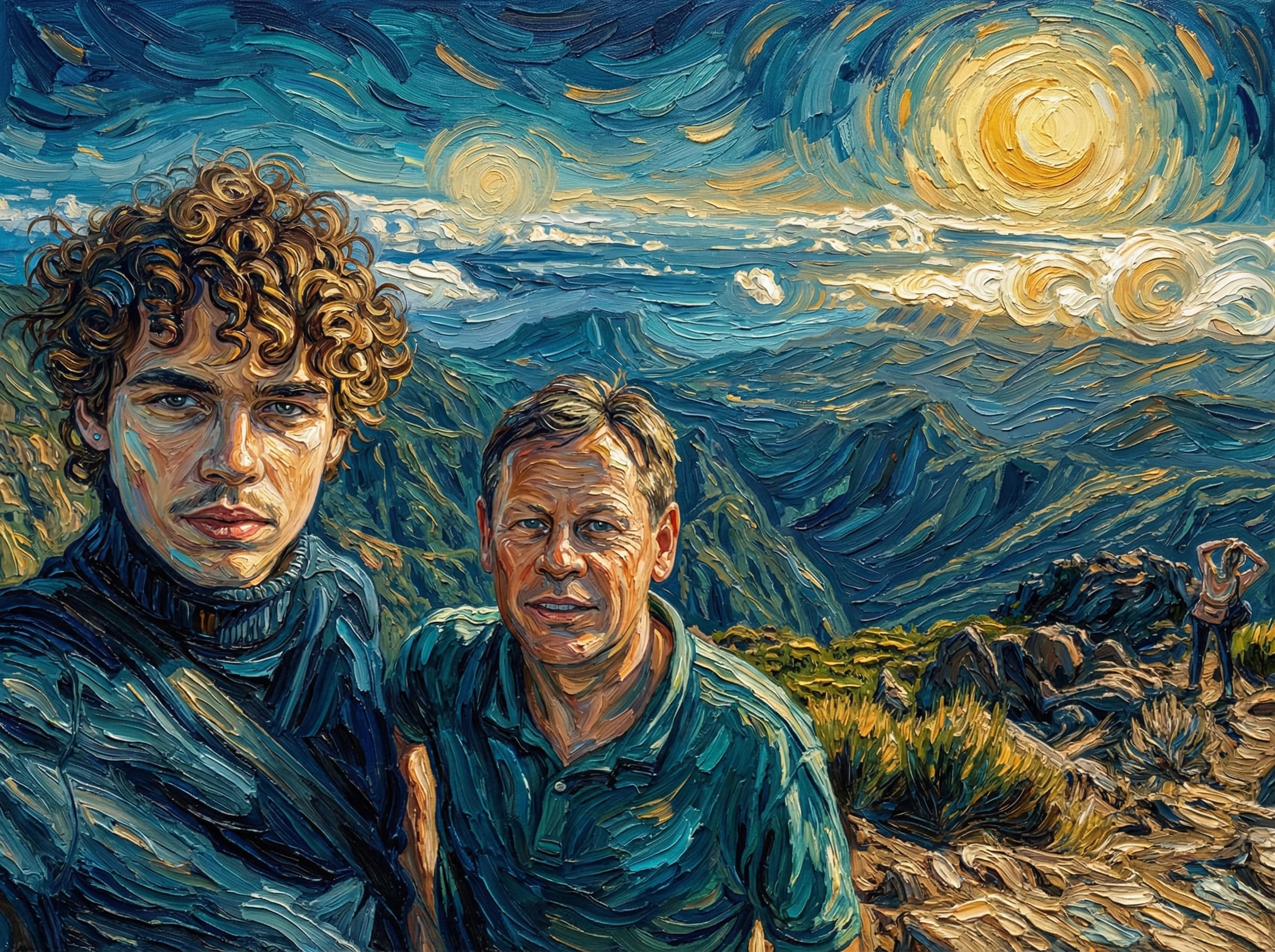 Transform this image into a Van Gogh–inspired impasto painting with swirling, textured brushstrokes and rich complementary colors. Use thick layers of paint with visible ridges, especially in the hair, backgrounds, and fabric.
            Apply dynamic, circular motions around light sources to create a glowing, radiant effect.
            Emphasize deep blues, teals, and warm golds, blending them with expressive strokes that create movement.
            Render faces with sculpted, directional strokes that highlight contours rather than photorealistic detail.
            Background painted with swirling brushstrokes.
            Overall, the artwork should feel emotional, tactile, and vibrant, combining romantic atmosphere with bold post-impressionist medium impasto textures. Transform the provided image according to the style description. Return ONLY the image.