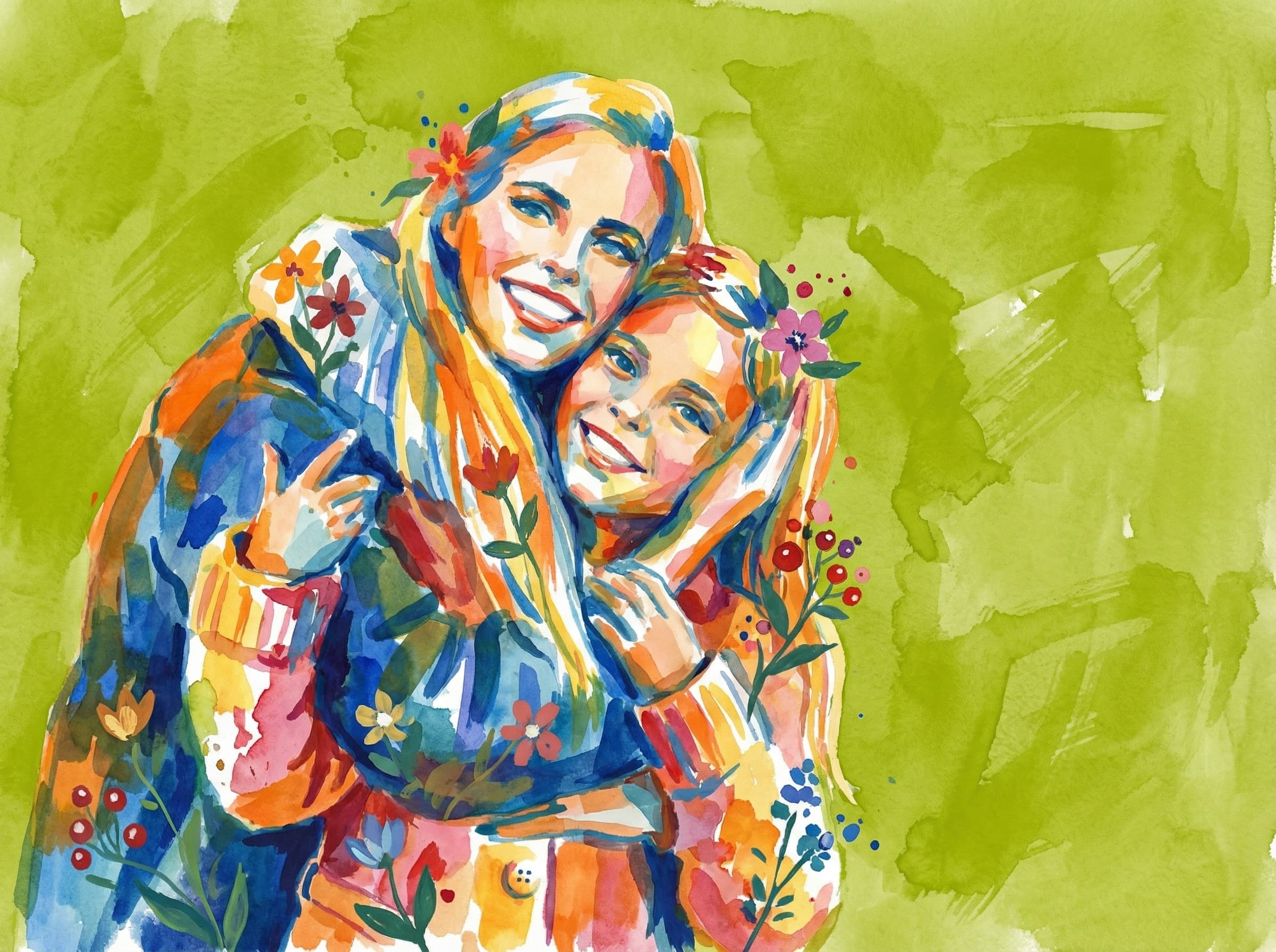 Transform this image into watercolor and gouache painting, adopting the vibrant, abstract style and color palette. The subject is rendered with bold, overlapping brushstrokes and splashes in non-realistic blues, oranges, yellows, reds, pinks, and greens. 
        Stylized small flowers and berries. The background is replaced with a color: #a5be00 wash, showing texture and brush marks, partly transparent. Transform the provided image according to the style description. Return ONLY the image.