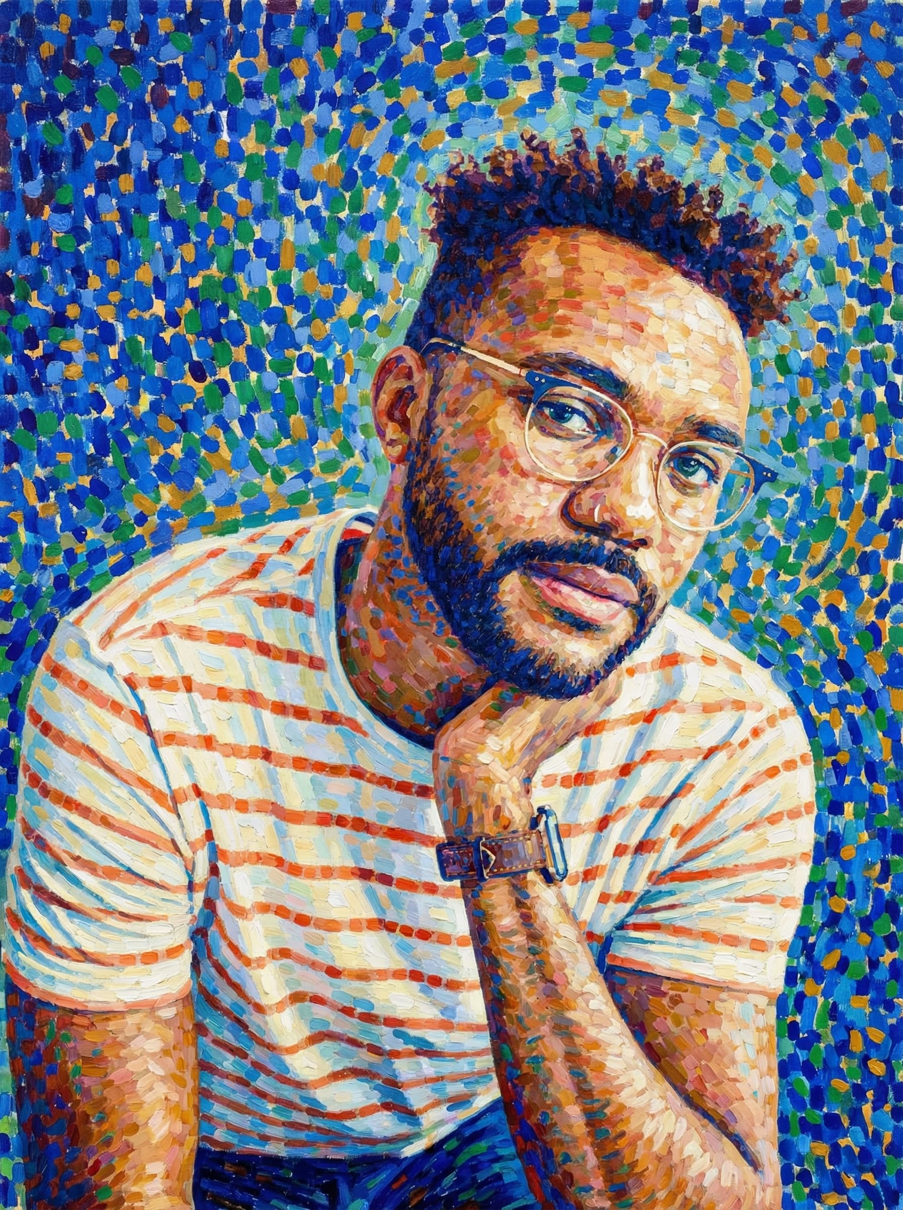 Image in the art style: pointillism.