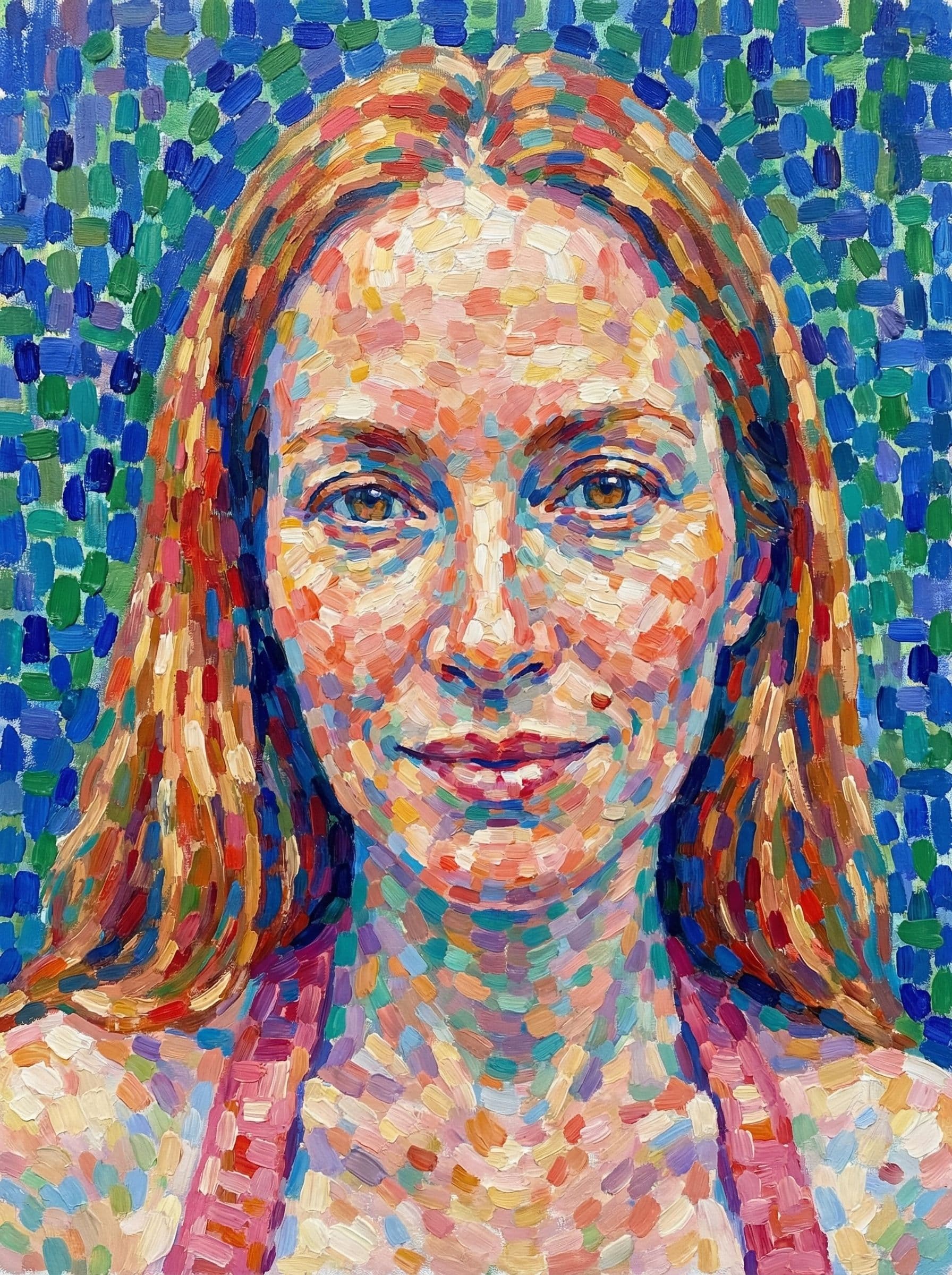 Image in the art style: pointillism.