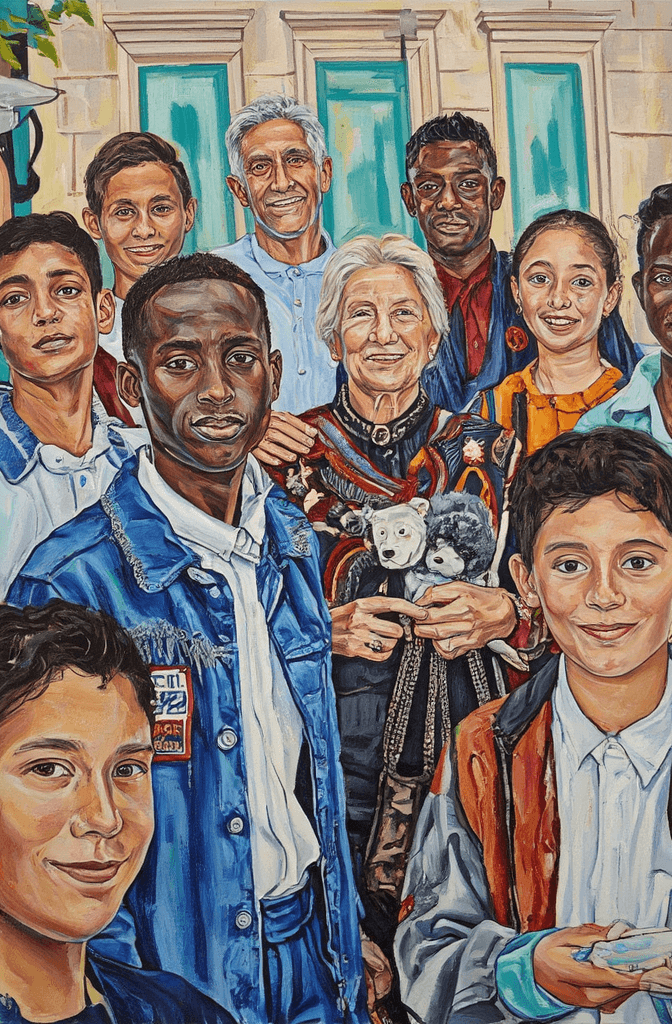 Create a vibrant painting on canvas depicting a cheerful outdoor scene in front of a beige building adorned with green doors and classical architectural details. Capture a diverse group of young students—African American, Hispanic, and Asian—dressed in white collared shirts and colorful jackets of blue denim, orange, and white. Include an elderly white woman with white hair holding a small gray and white stuffed poodle toy. Arrange the students in a dynamic, casual formation that conveys a sense of connection, joy, and curiosity. Use bold, gestural backgrounds with simplified elements to emphasize the lively atmosphere. Apply visible, textured brushstrokes to evoke warmth and depth, while the natural daylight creates soft shadows on the building's facade. Make the children's expressions varied, mixing broad smiles with more reserved looks, showcasing their unique personalities against the engaging backdrop.