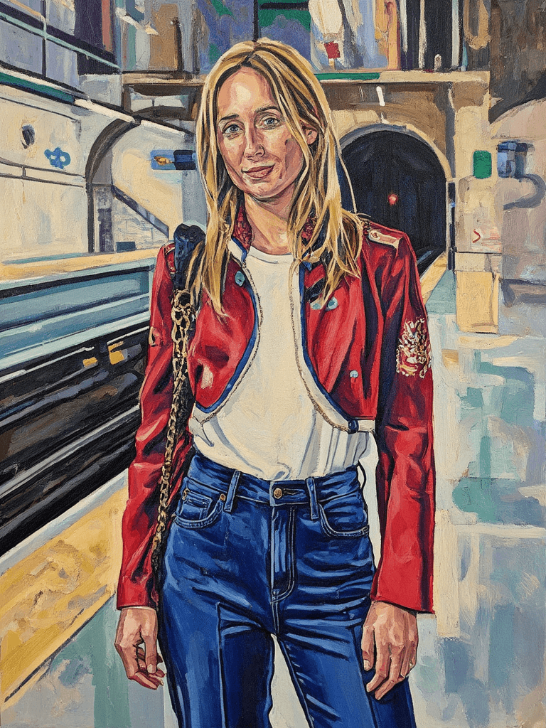 Create a vibrant canvas painting of a woman standing on a subway platform, capturing a modern urban aesthetic. She has straight blonde hair that falls to her shoulders and wears a striking red military-style jacket adorned with white trim and decorative buttons, layered over a white knit top. Her dark blue high-waisted jeans contrast with the warm tones of the light-colored concrete platform. Use bold, gestural brushstrokes to depict the rounded wall beyond her, illuminated by soft, recessed lighting that adds an inviting glow. Incorporate a hint of a yellow safety line on the left for added visual interest. The background should feature simplified forms, allowing the viewer to focus on the vibrant jacket and the figure’s expression, while maintaining clean lines and a neutral palette that enhance the overall composition. Make sure the textural quality of the brushstrokes enhances the modern urban setting.