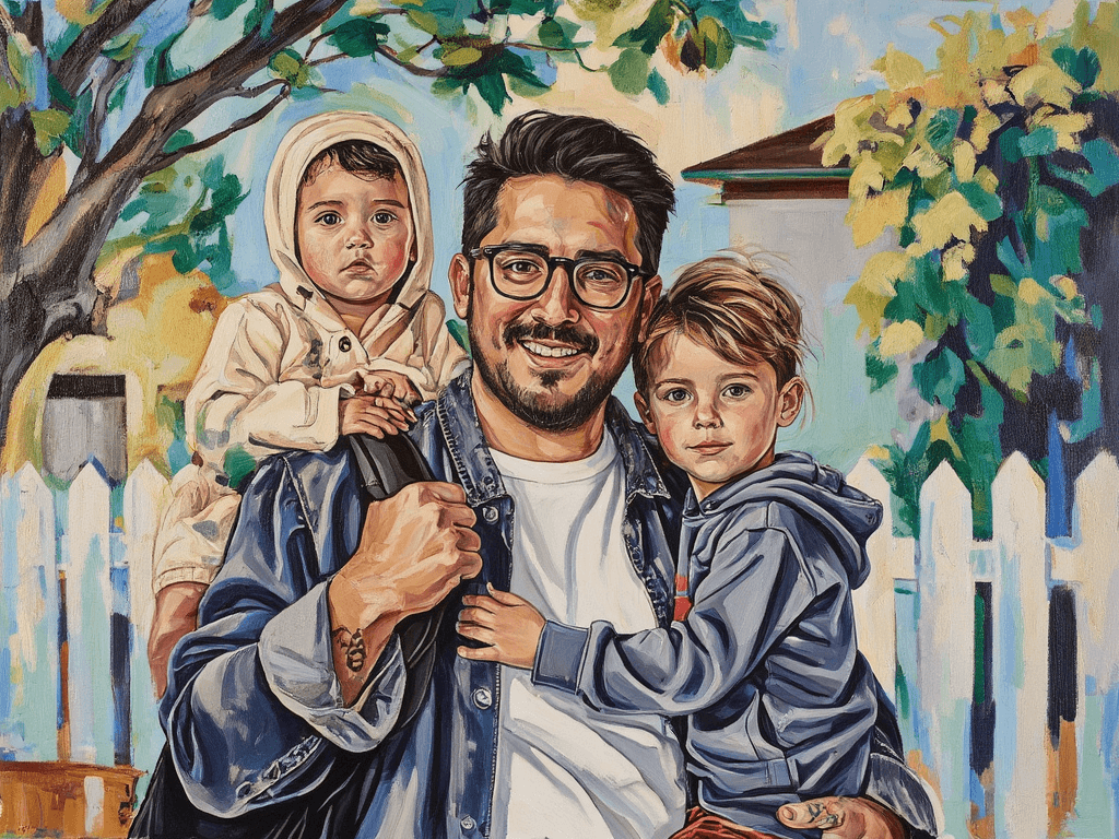 Create a vibrant canvas painting inspired by a warm outdoor family portrait during the golden hour. Capture a man with black-rimmed glasses, wearing a white t-shirt and a dark denim jacket, as he joyfully carries two young children. The upper child, a baby dressed in cream, is cradled securely, while a playful young boy in a grey hoodie leans comfortably against his side. Use bold, textured brushstrokes to paint the soft glow of the late afternoon sun illuminating their faces. In the background, feature a simplified white picket fence and lush green foliage, while hinting at a blurred residential building beyond. Emphasize warm tones, greens, and neutrals to evoke a sense of family warmth and connection. Ensure the composition feels dynamic yet centered, with the focus on the subjects and a gestural backdrop that enhances the scene's joyful atmosphere.
