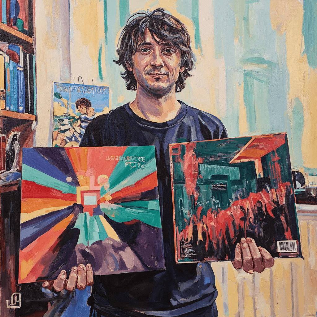 Capture a vibrant painting on canvas that portrays a close-up of a person in a black t-shirt, confidently holding two vinyl record covers against a softly lit, light-colored wall. The individual, with shoulder-length dark hair, is positioned before a dynamic bookshelf, filled with a variety of partially visible books that suggest a love for literature. On the left, depict the vinyl cover adorned with a striking orange and red geometric design, characterized by energetic square patterns. On the right, illustrate the dark atmospheric scene featuring a haunting building silhouette against a moody backdrop. Utilize bold, gestural brushstrokes to create a warm indoor ambiance, emphasizing rich textures and subtle shadows on the wall. The slightly upward angle enhances the composition, bringing focus to the person’s torso and hands, while playful splashes of color in the background evoke a casual, creative spirit in the setting.