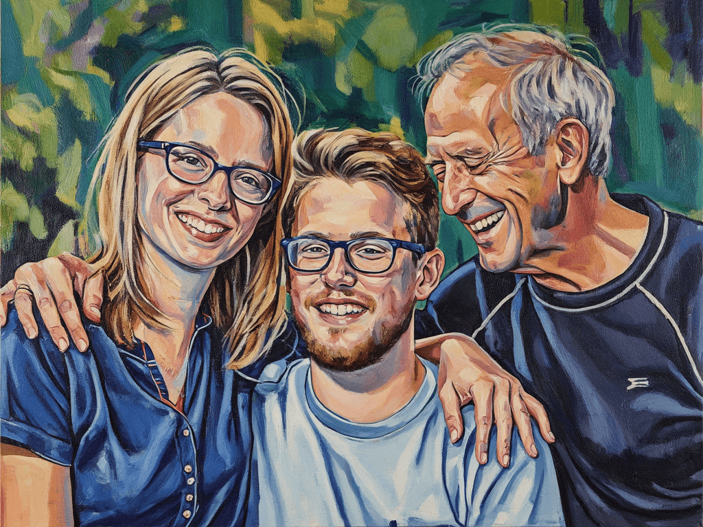 Create a vibrant painting on canvas that captures a joyful outdoor moment shared by three individuals. In the foreground, depict a young man with light skin and a light beard, wearing a light gray t-shirt, his eyes closed in a genuine smile. To his left, illustrate a woman with light skin, blue-rimmed glasses, and a navy blue top, embracing him with a warm gesture. To his right, portray an older man with light skin in a black t-shirt, leaning in and laughing, embodying the spirit of camaraderie. Use bold, gestural strokes to render the deep green foliage in the background, creating a soft bokeh effect that gently envelops the subjects. The overall lighting should be natural and soft, showcasing textured brushstrokes that give depth and richness to the scene, while the subjects remain in sharp focus, isolated from the simplified background.