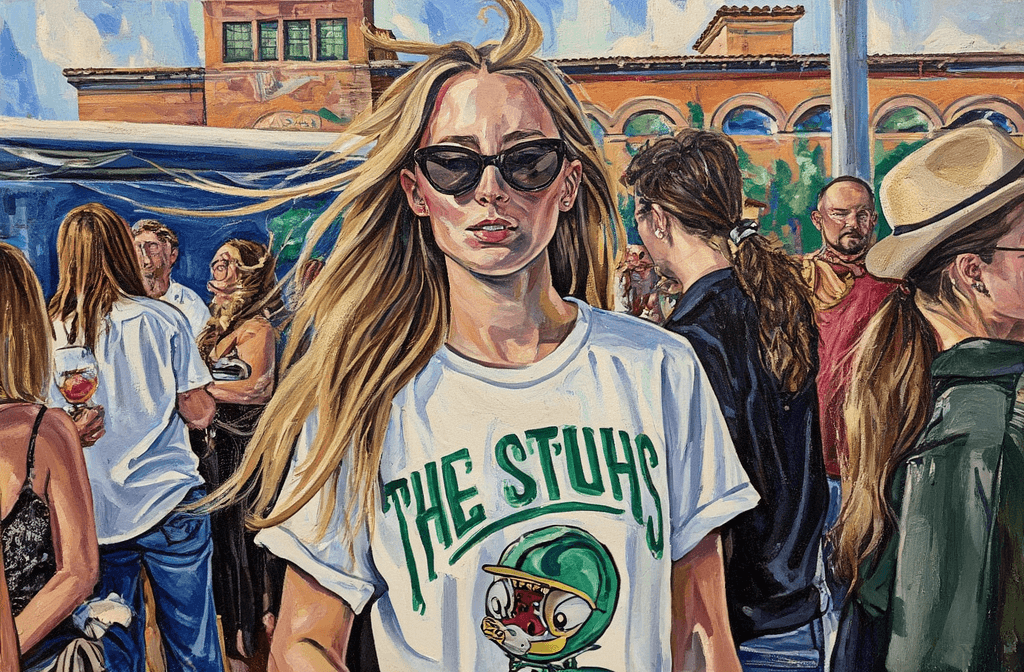 Create a vibrant and dynamic painting on canvas, capturing a young woman in motion. She has long, flowing blonde hair that sways dramatically to the right, imbued with a sense of energy through visible, textured brushstrokes. Dress her in a white t-shirt emblazoned with bold green text reading "THE STUHS," complemented by a playful green cartoon alien logo. Adorn her with stylish black cat-eye sunglasses, accentuating her youthful spirit. Use a casual, documentary-style approach, with the background depicting a lively outdoor event filled with attendees and a brick building featuring arched windows. The sky should reflect a bright blue, infusing the scene with natural daylight. The composition should be slightly off-center, placing the subject on the left, while employing bold, gestural techniques in the background to enhance the painting’s energetic and spontaneous vibe.