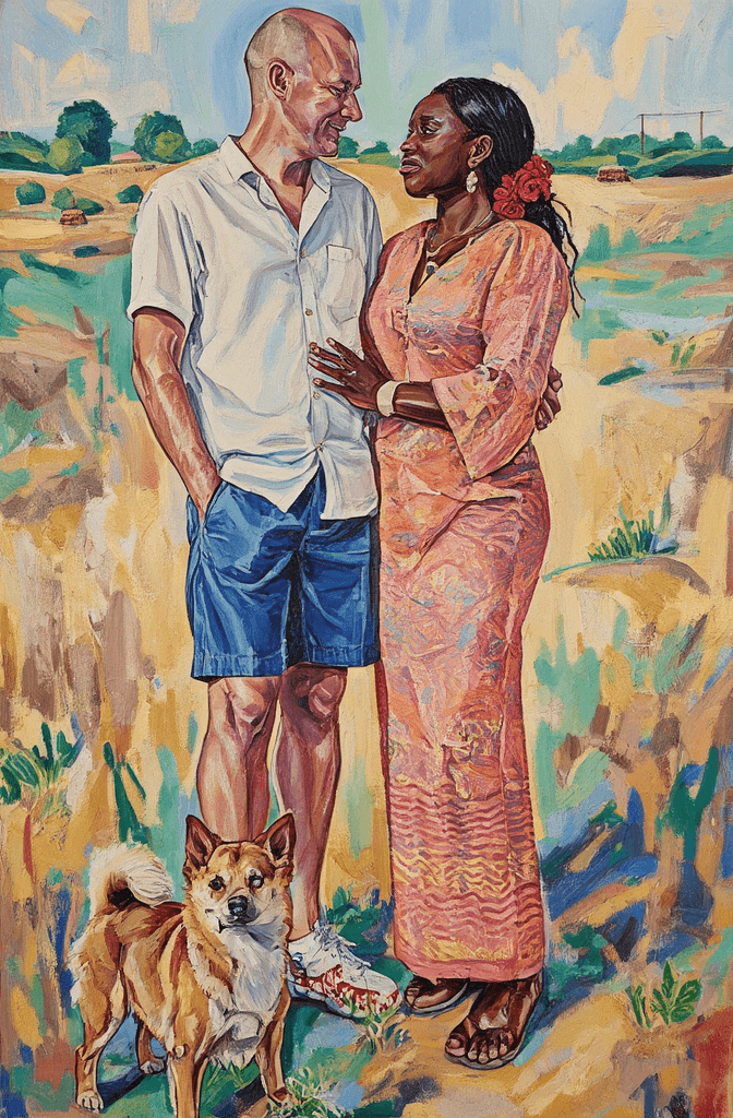 Create a vibrant painting on canvas depicting a sunny rural scene featuring a Caucasian man and an African woman standing closely together, sharing a moment of affection. The man, dressed in a crisp white button-up shirt and blue denim shorts, stands confidently on the left. To his right, the woman radiates warmth in a flowing orange and pink patterned dress, adorned with a bright red flower in her hair. A small, fluffy brown Pomeranian dog playfully sits in the foreground between them, adding charm to the composition. The backdrop showcases a sweeping golden-brown field, dotted with lush green vegetation and distant trees beneath a soft blue sky peppered with fluffy clouds. Utilize bold, textured brushstrokes to emphasize the warmth and vibrancy of the scene, with a focus on gestural elements that capture the essence of love and nature in this idyllic setting.