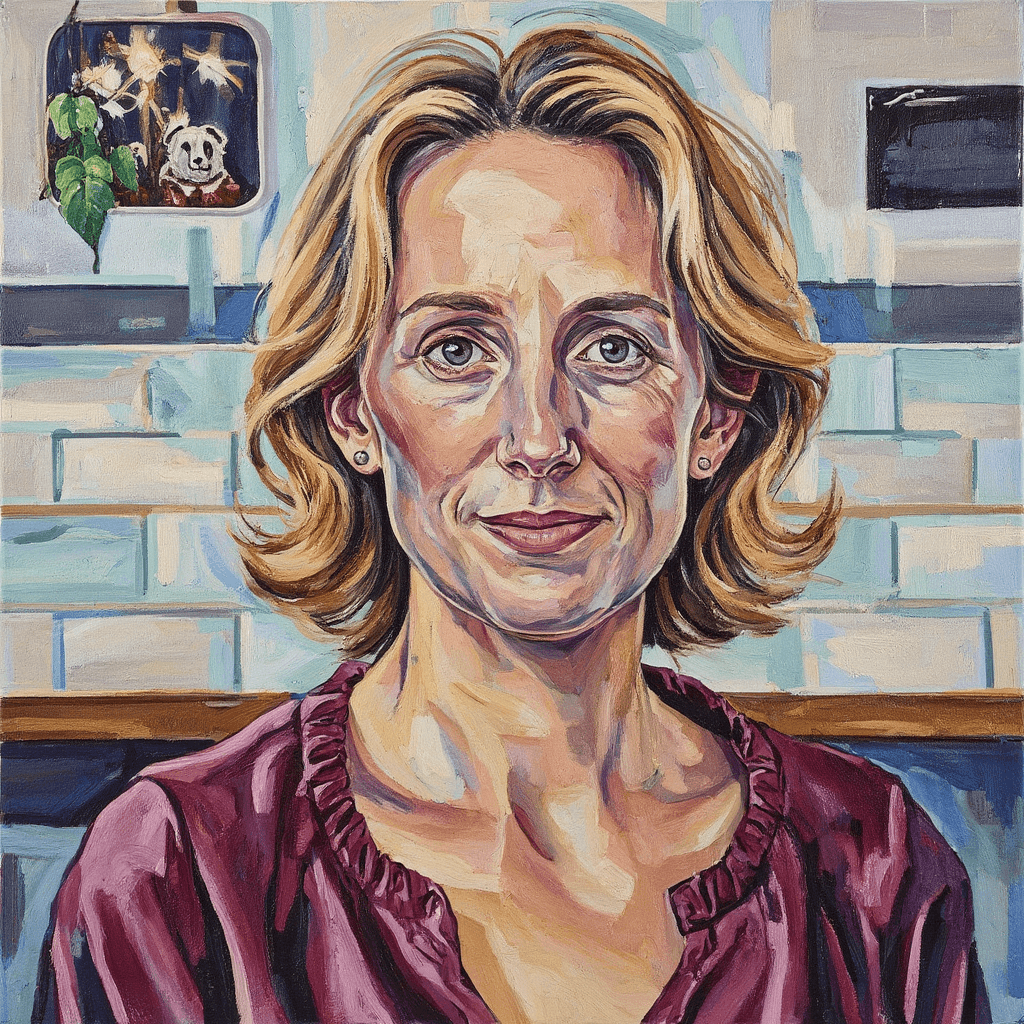 Create a captivating portrait on canvas of a woman with shoulder-length blonde hair, styled in loose waves that gently frame her face. She wears a rich burgundy top that adds warmth to the composition. The background features a stylized, white tiled wall with bold, dark grout lines, evoking a sense of space and depth. In the upper left corner, include a decorative green plant, rendered with textured brushstrokes to enhance the lively atmosphere. Use warm, even lighting to create soft shadows that highlight her gentle smile. Capture the subject from a slightly upward angle, ensuring her face and shoulders dominate the canvas. Emphasize a shallow depth of field in the background, allowing it to recede into a painterly blur. Use bold, gestural brushwork to bring dynamism to the piece, celebrating the beauty and warmth of the moment.