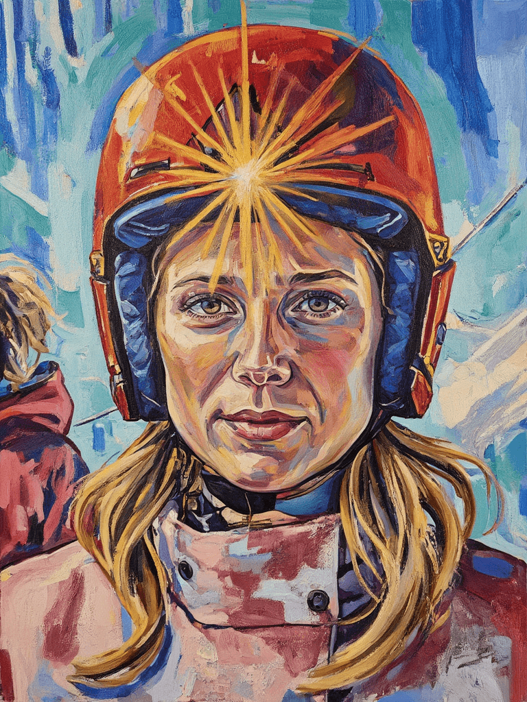 Create a striking canvas painting featuring a close-up portrait of a Caucasian woman adorned in a vibrant red ski helmet and jacket. Capture her contemplative expression, accentuated by the golden sunlight that creates a halo effect around her head. Use textured brushstrokes to depict her blonde hair peeking from beneath the helmet, with soft light casting warm glows on her face and neck. The jacket, a muted dusty rose, should be rendered with visible black snap buttons, contrasting against the vivid colors. Surround her with a simplified, bold background of a bright blue sky interspersed with wispy white clouds. Incorporate dramatic, gestural strokes to illustrate the sun’s rays bursting in oranges and yellows, drawing the viewer’s eye toward her face. Aim for a high-contrast, saturated appearance that evokes warmth and intensity, while emphasizing the striking play of light and shadow in the scene.