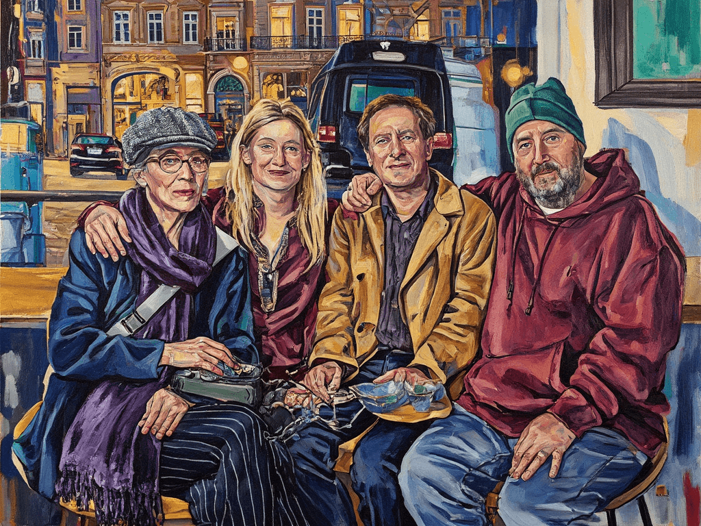 Create a vibrant nighttime scene on canvas, featuring four people gathered on a bench under a warm, inviting glow. To the left, depict an elderly woman in a black coat, a purple scarf, and a newsboy cap with round glasses, her expression filled with warmth. Next to her, illustrate a woman with long, flowing blonde hair, dressed in elegant burgundy, radiating a sense of serenity. In the center, capture a man wearing a tan corduroy jacket over a dark shirt, exuding casual sophistication. On the right, paint a man in a burgundy sweater and olive green beanie, adding a touch of whimsy. In the background, portray a European-style building with traditional architecture, illuminated windows casting warm yellow light, enhancing the cozy atmosphere. Use bold, textured brushstrokes to convey the warmth and intimacy of the evening, with the ambiance created by the soft glow of the building’s lights contrasting against the night sky.