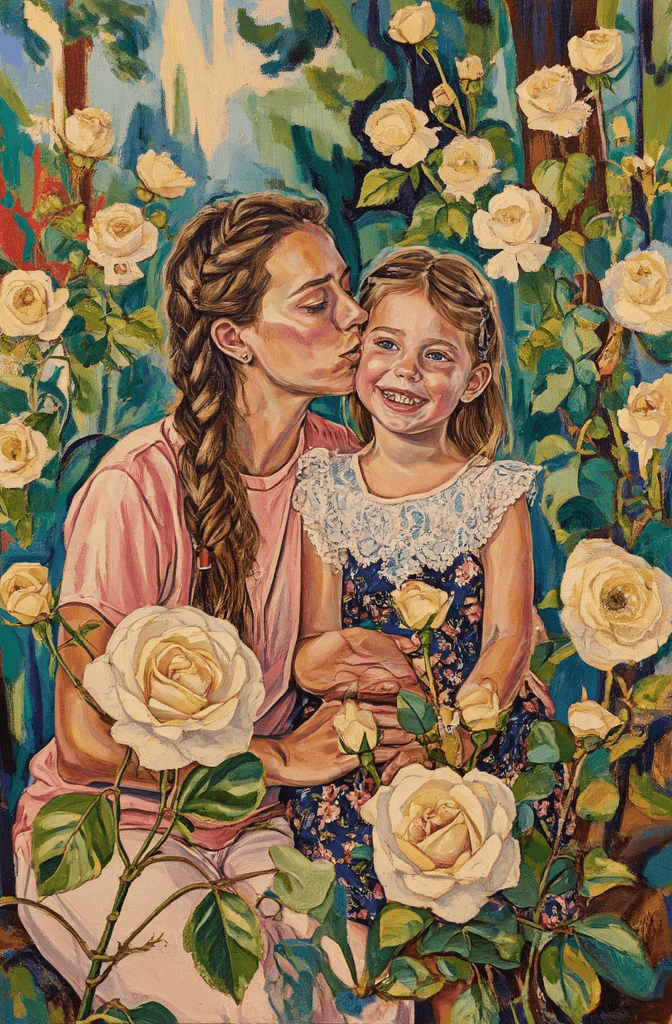 Create a painting on canvas that captures a tender moment in a lush rose garden during golden hour. Depict a young Caucasian woman in a pink top with her hair styled in a side braid, leaning in to kiss a young Caucasian child on the cheek. The child, adorned in a floral dress with white lace trim and a top bun, should radiate innocence and joy. Surround them with a vibrant array of cream-colored roses in full bloom, contrasting beautifully with dark green foliage. Use textured brushstrokes to convey the softness of the petals and the warmth of the sunlight filtering through the background. Employ bold, gestural strokes in the background to suggest additional rose bushes and greenery, creating depth and a dreamy ambiance. Emphasize a warm color palette of cream, pink, and varying shades of green to enhance the intimate and serene atmosphere of the scene.