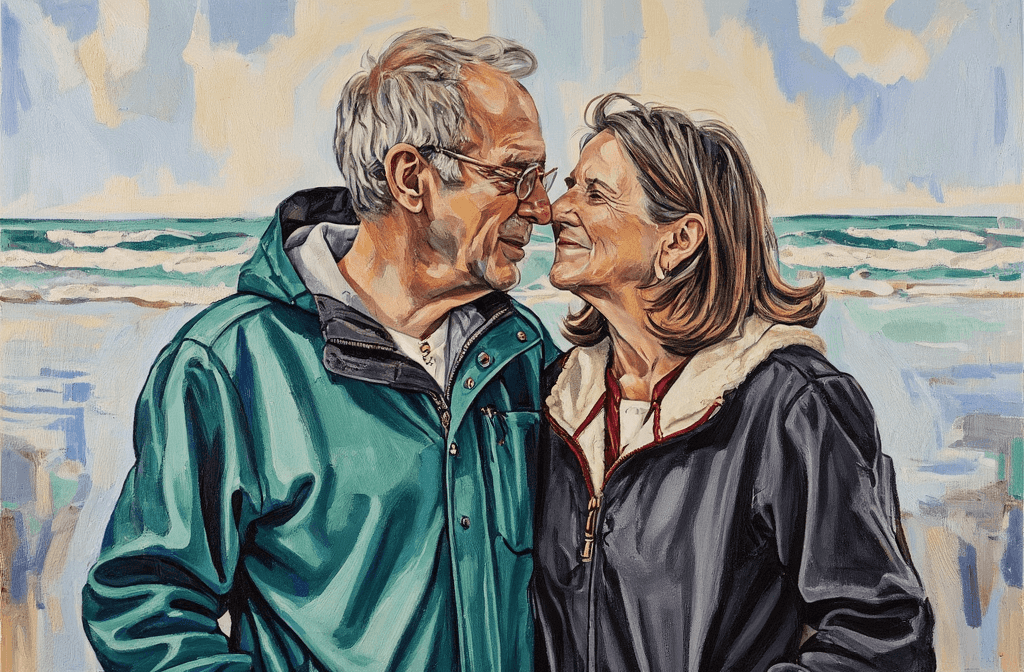 Create a tender canvas painting capturing an intimate moment between an elderly couple sharing a kiss in a misty coastal setting. On the left, depict the elderly man in a dark green rain jacket, his gray hair softly tousled by the ocean breeze. To the right, illustrate the elderly woman wearing a black jacket with a white fleece interior, her shoulder-length blonde hair gently framing her face. Use visible, textured brushstrokes to convey the soft, diffused light of the scene, enhancing the dreamy atmosphere. The background should feature gentle waves of a misty ocean beneath a light gray sky, with simplified, gestural forms depicting the beach’s wet sand in the foreground. Emphasize a color palette of muted greens, grays, and blacks, allowing the natural coastal elements to blend harmoniously, creating a serene yet evocative backdrop for this intimate moment.