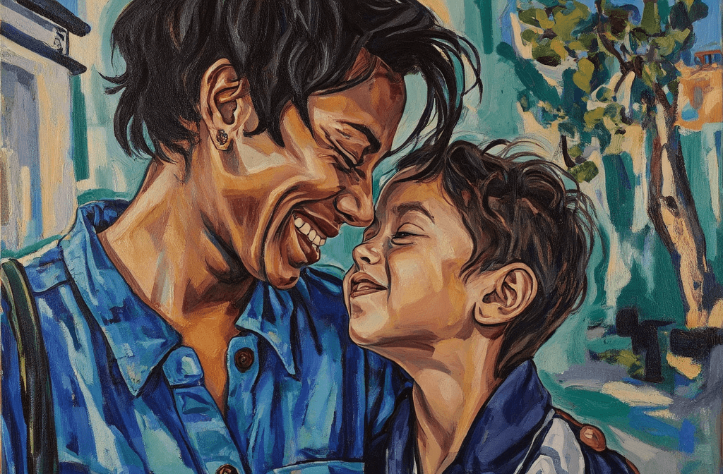 Create a vibrant canvas painting that captures the intimate moment shared between a Black woman and a young mixed-race child, nuzzling their noses together. The woman, clad in a blue plaid button-up shirt and adorned with a gold earring, radiates warmth and love. The child, wrapped in a dark navy jacket and with short dark hair, expresses pure joy with closed eyes. Use a warm, natural light to envelop them, enhancing the tenderness of their connection. The background should feature bold, gestural strokes of green foliage, softly blurring to emphasize the subjects in sharp focus. Employ deep blues and warm skin tones in your palette to evoke a sense of closeness and affection. The painting should reflect a texture-rich quality, with visible, dynamic brushstrokes that lend a sense of movement and life to this affectionate moment.