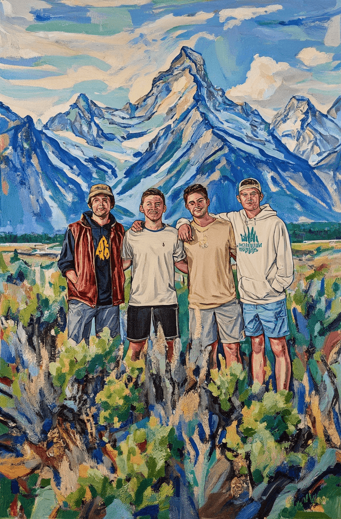 Create a vibrant painting on canvas capturing the essence of a scenic outdoor landscape. Depict three young men standing together against the majestic backdrop of the Grand Teton Mountains, their snow-capped peaks piercing the bright blue sky decorated with wispy white clouds. Use bold, textured brushstrokes to convey the rugged terrain, allowing the mountains to dominate the upper third of the canvas. In the foreground, illustrate a field of sagebrush and wild grasses, blending various shades of green and brown to bring life to the scene. Paint the men in casual outdoor attire: one in a rust-colored vest, another in a beige t-shirt, and the third in a light hoodie — all engaged in a friendly group pose. Utilize a dynamic color palette of blues, greens, and earthy tones, ensuring that the natural wilderness atmosphere is both inviting and exhilarating.