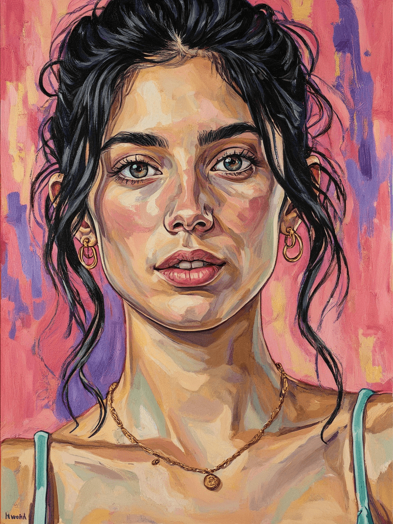 Create a close-up portrait on canvas featuring a subject with dark black hair styled in a messy top bun, with wispy strands framing their face. Capture their striking green eyes and defined eyebrows, complemented by a small gold nose piercing. The subject's fair skin should radiate a natural, dewy glow, while they wear small gold hoop earrings and a delicate gold chain necklace. Use a color palette dominated by warm pink tones, contrasting beautifully with their dark hair and fair complexion. The background should be abstract, created with visible, textured brushstrokes, smeared with vivid colors that blend harmoniously. Emphasize the soft, ethereal quality of the image with gentle highlights and shadows, ensuring the composition is centered and cropped just below the collarbone to enhance the intimacy of the portrait. Let the brushstrokes convey a sense of movement and life within the artwork.