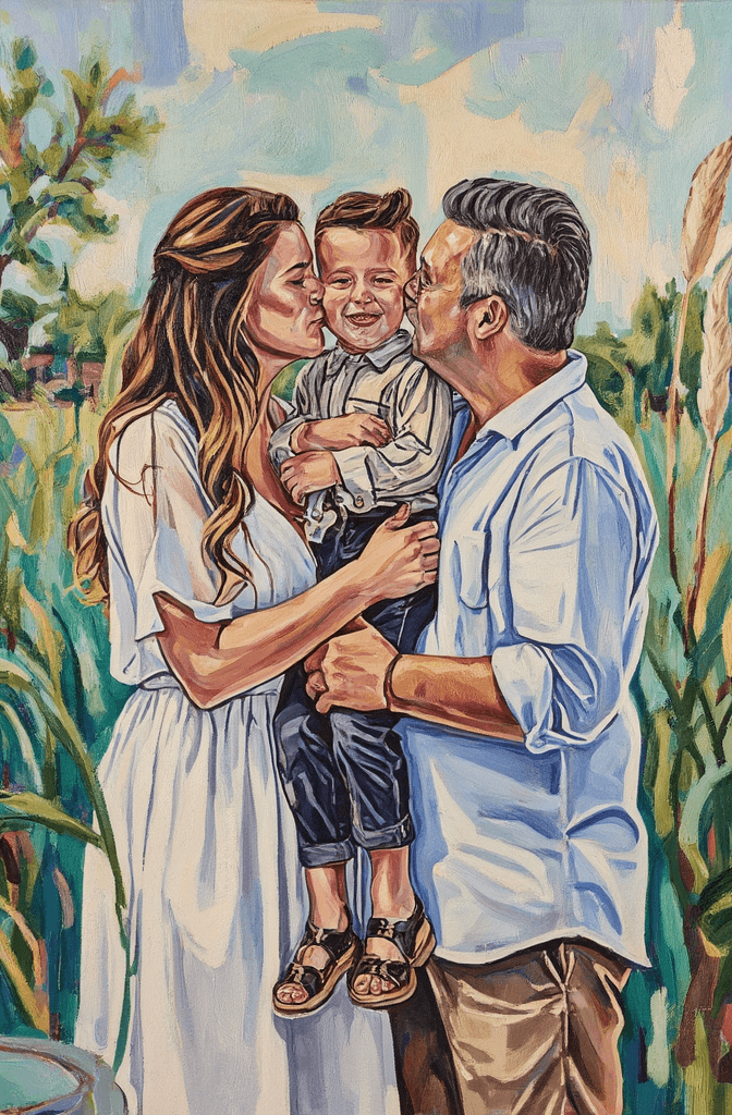Create a vibrant canvas painting inspired by a sunlit outdoor family portrait. In the center, depict a Caucasian couple and their young child, capturing their joyful interaction. The mother, in a flowing white dress with long wavy brown hair, leans in to kiss their child on one cheek, while the father, in a light blue button-up shirt and khaki pants, kisses the other cheek. The child, dressed in a plaid button-up shirt and dark pants, is joyfully held between them, wearing brown sandals. Surround the scene with an abstract background, using bold, smeared brushstrokes in vivid colors to evoke a sunlit sky and lush green landscape. Emphasize the warmth and love in the family’s expressions with visible, textured brushstrokes, creating depth and movement that adds to the overall joyful atmosphere of the painting.