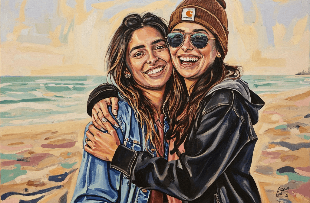 Create a warm, sunlit painting on canvas depicting two friends embracing on a beach at sunset. Capture the intimate moment as the woman on the left, wearing a denim jacket and sporting long dark brown hair, leans into her friend on the right, who dons a brown beanie with a Carhartt logo and black sunglasses. Both are beaming with bright, genuine smiles. Use textured brushstrokes to convey their joyful expressions and create a soft, blurred background of the sandy beach, emphasizing the ocean in the far distance. Allow the warm, golden lighting to create a natural backlight effect that accentuates their silhouettes. Employ a vintage-style color grading with enhanced warm tones, and use abstract, smeared brush techniques in the background with vivid colors to evoke a dreamy, nostalgic atmosphere, bringing the scene to life on canvas.