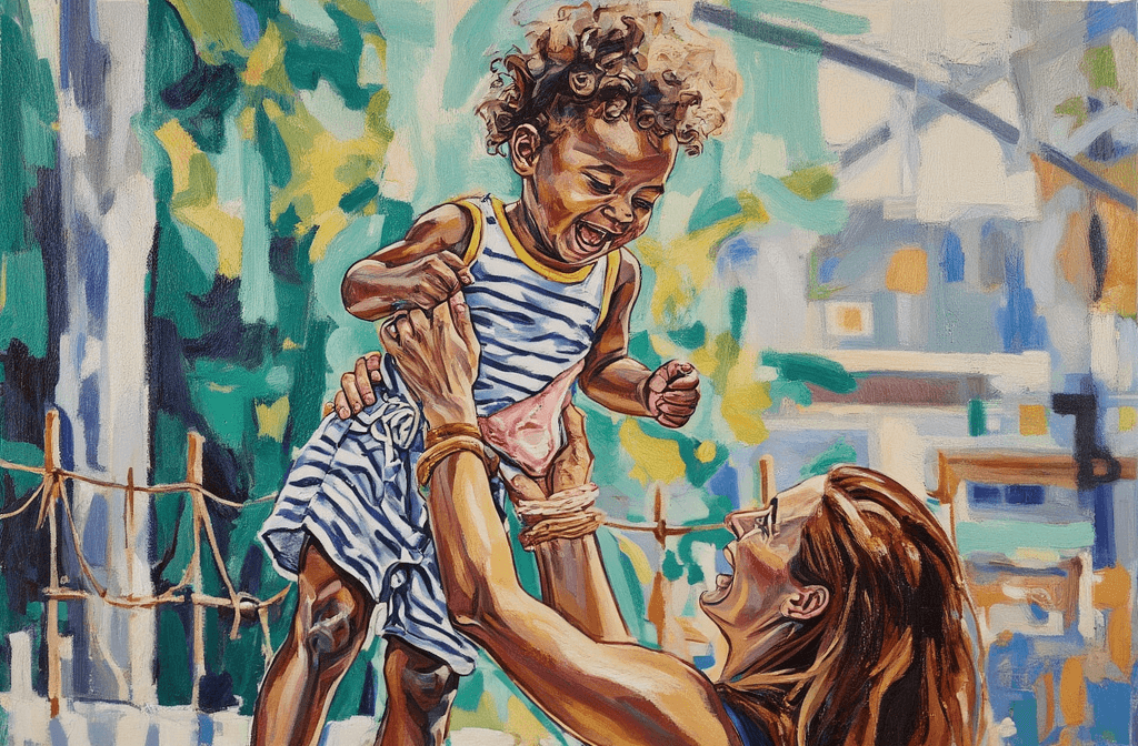 Create a vibrant canvas painting that captures a joyful outdoor moment between a young child and an adult. The child, of mixed or African descent, should be depicted mid-lift in a white and navy blue striped sleeveless romper, with natural curly hair and an expression of pure delight. The adult, who has long auburn hair, extends their arms high, emphasizing the uplifting moment. Use visible, textured brushstrokes to bring life and energy to the subjects. The background should be an abstract blur of vivid colors, reflecting the green foliage and trees of the outdoor setting, with swirls and smears of paint that evoke a sense of warmth and brightness. Capture the essence of happiness and connection, with a slightly low angle perspective that amplifies the joyous lift, ensuring both figures remain in sharp focus amidst the vibrant, energetic backdrop.