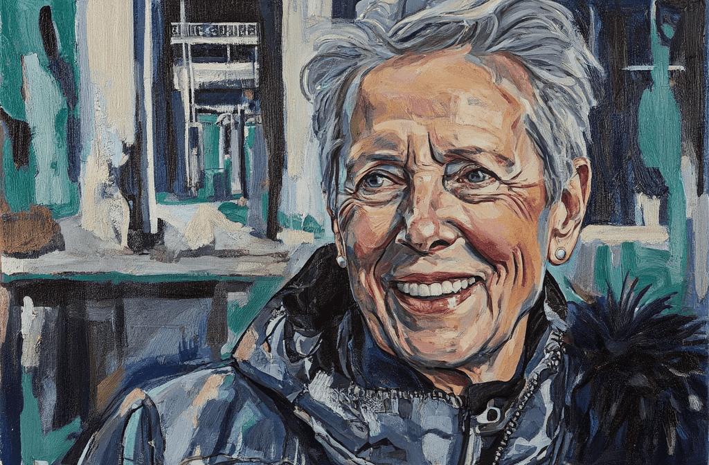 Create a painting on canvas that captures the warm essence of an elderly woman with a joyful spirit. Focus on her short, silvery-white hair and her infectious smile, which reveals laugh lines around her eyes, radiating happiness. Dress her in a gray and black plaid jacket to add depth to the composition. Use textured brushstrokes to emphasize the natural beauty of her skin and hair, illustrating the gentle play of light and shadow across her face. Position her slightly off-center to the left, creating a dynamic balance in the artwork. The background should be an abstract swirl of vivid colors, smeared and blended with a brush to evoke a lively atmosphere, contrasting beautifully with the muted tones of her attire. Strive for a warm, intimate quality, inviting viewers to connect with her joyful spirit.