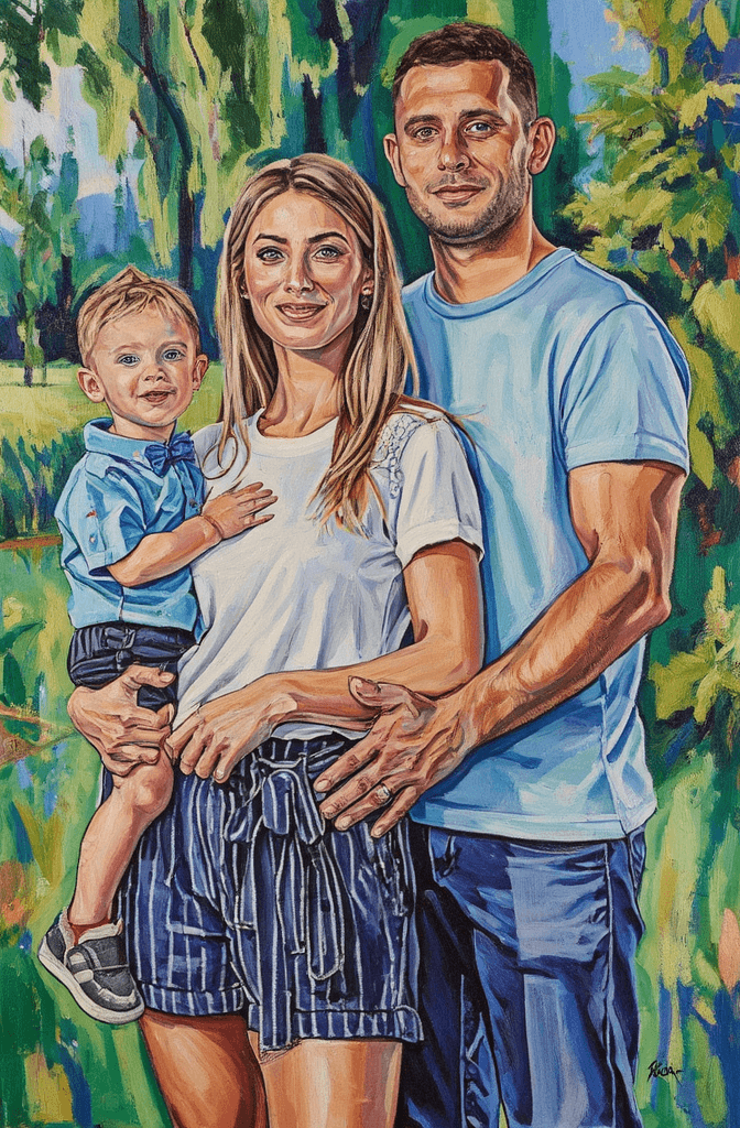 Create a vibrant painting on canvas that captures a family portrait in a lush outdoor setting. Depict a Caucasian couple standing together with their baby boy, surrounded by tall, green grass and soft, natural lighting that evokes a warm summer day. The woman is dressed in a white t-shirt and navy blue pinstriped shorts, while the man wears a light blue t-shirt paired with blue jeans. The baby is in a light blue patterned outfit. Use visible, textured brushstrokes to convey the warmth and joy of this family moment. The background should be abstract, with vivid colors blended and smeared to create a sense of green foliage, blurred trees, and bushes, enhancing the natural bokeh effect. Ensure the family is focused in the middle third of the canvas, showcasing the love and connection between them against the lively, colorful backdrop.