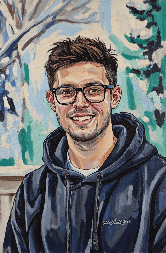 Create a painting on canvas that captures the essence of a young man in a professional portrait style. He wears black-rimmed rectangular glasses and a black hoodie with subtle white text on the chest, embodying a warm and genuine smile that radiates approachability. His short, dark brown hair is neatly styled, accompanied by light facial stubble that adds to his youthful charm. The background transforms into an abstract winter scene, with snow-covered evergreen trees rendered in vivid, swirling colors. Use textured brushstrokes to create a dynamic interplay of light blues, whites, and deep greens, smearing the background to convey depth and motion. Emphasize a shallow depth of field by keeping the subject in sharp focus against this lively backdrop, delighting viewers with a combination of realism for the subject and a lively, expressive abstraction for the environment.