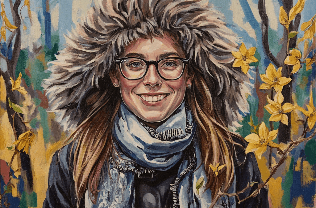 Create a vibrant painting on canvas featuring a close-up portrait of a young woman. She wears black-rimmed rectangular glasses and a brown fur-trimmed hooded winter coat, with long, straight brown hair flowing softly around her shoulders. Adorn her neck with a thick gray and white patterned scarf, ensuring her bright, genuine smile radiates warmth. The background should be an abstract blend of vivid colors like warm yellows and soft greens, evoking the blooming forsythia flowers of spring. Use visible, textured brushstrokes to create a dreamy, smeared effect that captures the essence of the season. Focus on a shallow depth of field—keep the woman in sharp detail while the background remains softly blurred. The color palette must reflect a cozy transition from winter to spring, harmonizing browns, soft grays, and vibrant yellows, inviting viewers into a warm, uplifting atmosphere.
