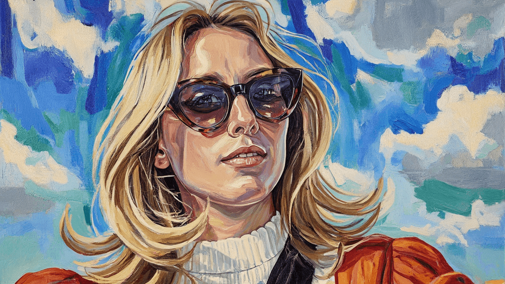 Create a vibrant painting on canvas that captures a close-up selfie portrait against a bright blue sky filled with fluffy white clouds. The subject should be depicted wearing cat-eye style black sunglasses and showcasing shoulder-length blonde hair that catches the sunlight, radiating a warm, golden glow. Dress the figure in a cozy white turtleneck, with a black strap visible across the shoulder. Utilize visible, textured brushstrokes to depict the natural, bright lighting, emphasizing the contrast between sunlit areas and shadows. The background should be an abstract explosion of vivid colors—deep azure blues and soft whites—smeared with a brush to evoke a summery outdoor feel. Aim for a dynamic composition shot from a slightly low angle, focusing on the subject’s facial expression and the interplay of light, creating an overall warm color palette that conveys joy and vibrancy.