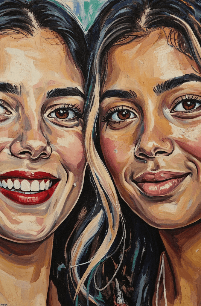 Create a captivating painting on canvas that features a close-up beauty portrait of two women with dark hair, set against an abstract background. The woman on the left, radiating joy, has a wide smile, bright red lipstick, and gleaming white teeth. She wears a dark-colored top, her features sharply focused amidst the textured brushstrokes. Beside her, the woman on the right exudes confidence, with natural pink lips and subtle highlights in her dark hair. Her expression is serene and thoughtful, complementing her dark-colored top. Use vivid colors in the smeared, abstract background to enhance the intimacy of their connection, creating a vibrant contrast with their warm skin tones. Employ visible, textured brushstrokes throughout the painting to add depth and dimension, capturing the softness of the lighting and the natural beauty of the subjects, inviting viewers to experience their bond.