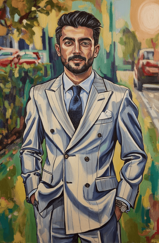 Create a captivating canvas painting featuring a man in a light gray pinstriped double-breasted suit. Capture the elegance of the suit—its wide lapels, brass buttons, and a crisp white dress shirt paired with a deep navy blue tie. Add a neatly folded white pocket square peeking from the breast pocket. The subject, with dark styled hair and a well-groomed beard, should exude confidence as he poses with his hands in his pockets. Surround him with a vibrant, abstract background that evokes the essence of autumn. Use bold, smeared brushstrokes in hues of golden-yellow, deep orange, and rich greens to represent fallen leaves and blurred trees. Allow the background to evoke a sense of movement, while ensuring the man remains the focal point with textured brushwork that highlights the suit's details against the lively backdrop. Let the play of light and shadow enhance the overall atmosphere.