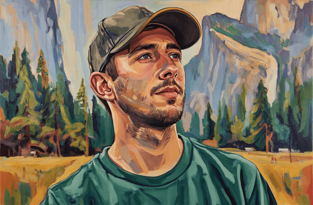 Create a close-up portrait painting on canvas of a young man wearing a dark green baseball cap and a forest green crew neck t-shirt. Capture his contemplative smile as he looks upward, showcasing his short dark hair and light facial stubble. Use soft, textured brushstrokes to depict his face illuminated by the warm glow of golden hour lighting, emphasizing natural shadows that add depth. The background should be an abstract representation of a mountain landscape, with evergreen trees blurred into the scene. Blend vivid colors using a smeared brush technique to create an energetic, dynamic atmosphere that contrasts with the serene expression of the subject. Focus on earthy greens, warm browns, and soft natural tones to harmonize the overall color palette, while ensuring the background remains delightfully out of focus, drawing attention to the young man's thoughtful gaze in the foreground.
