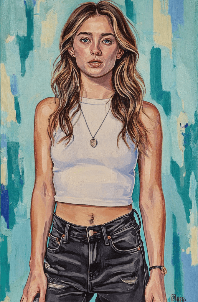 Create a canvas painting featuring a portrait of an individual against an abstract background filled with vivid, smeared colors that evoke energy and movement. The subject should be depicted wearing a white cropped tank top and high-waisted black distressed jeans with rips at the knees, showcasing contemporary fashion. Capture their long, wavy brown hair with caramel highlights, styled in loose layers that cascade gracefully past their shoulders. Emphasize the silver pendant necklace that adorns their neck. The subject's body should be slightly turned to the right, while their gaze is directed straight at the viewer, creating an engaging connection. Use visible, textured brushstrokes to convey depth and emotion, and ensure the lighting adds a dynamic quality to the portrait, enhancing the modern, minimalist aesthetic while allowing vibrant colors in the background to pop against the subject's monochromatic outfit.