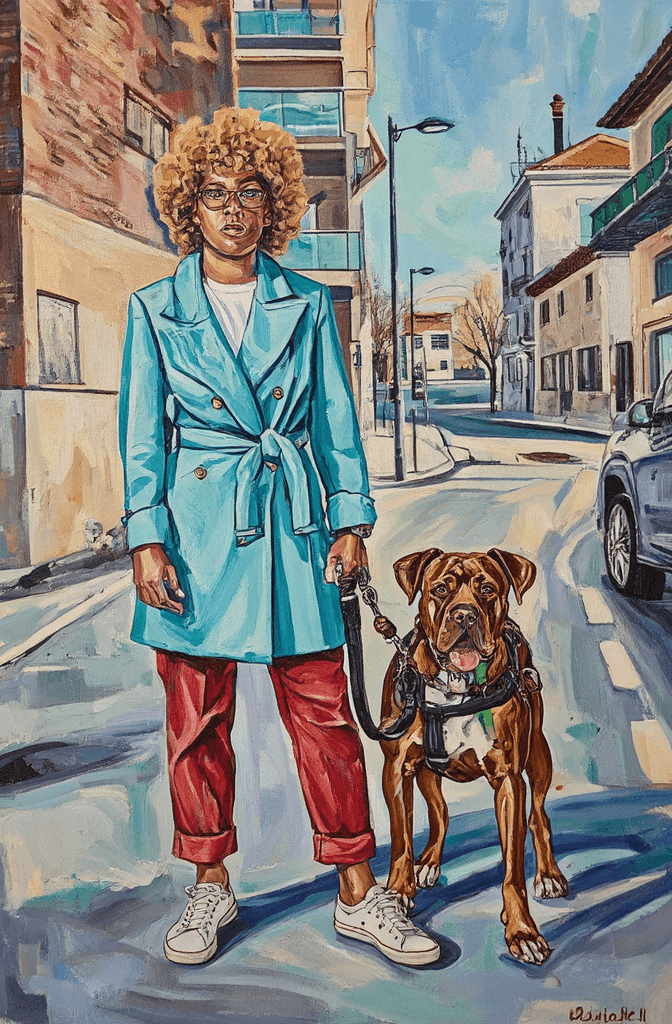 Create a vibrant painting on canvas featuring a confident figure with a natural curly afro, dressed in a light turquoise double-breasted coat with a belt and striking red pants. Position the subject slightly left of center, capturing their full-length stance as they hold a black dog leash. Beside them, portray a reddish-brown pit bull type breed, standing attentively. Use textured brushstrokes to convey the warmth of natural daylight, which bathes the scene in a soft glow. The background should be an abstract blur of urban elements, with smeared brush techniques that suggest brick apartment buildings and partially visible parked cars, creating a sense of depth. Emphasize vivid colors, merging turquoise, red, brown, and neutral tones to enhance the modern urban aesthetic while showcasing the individuality and style of the subject.